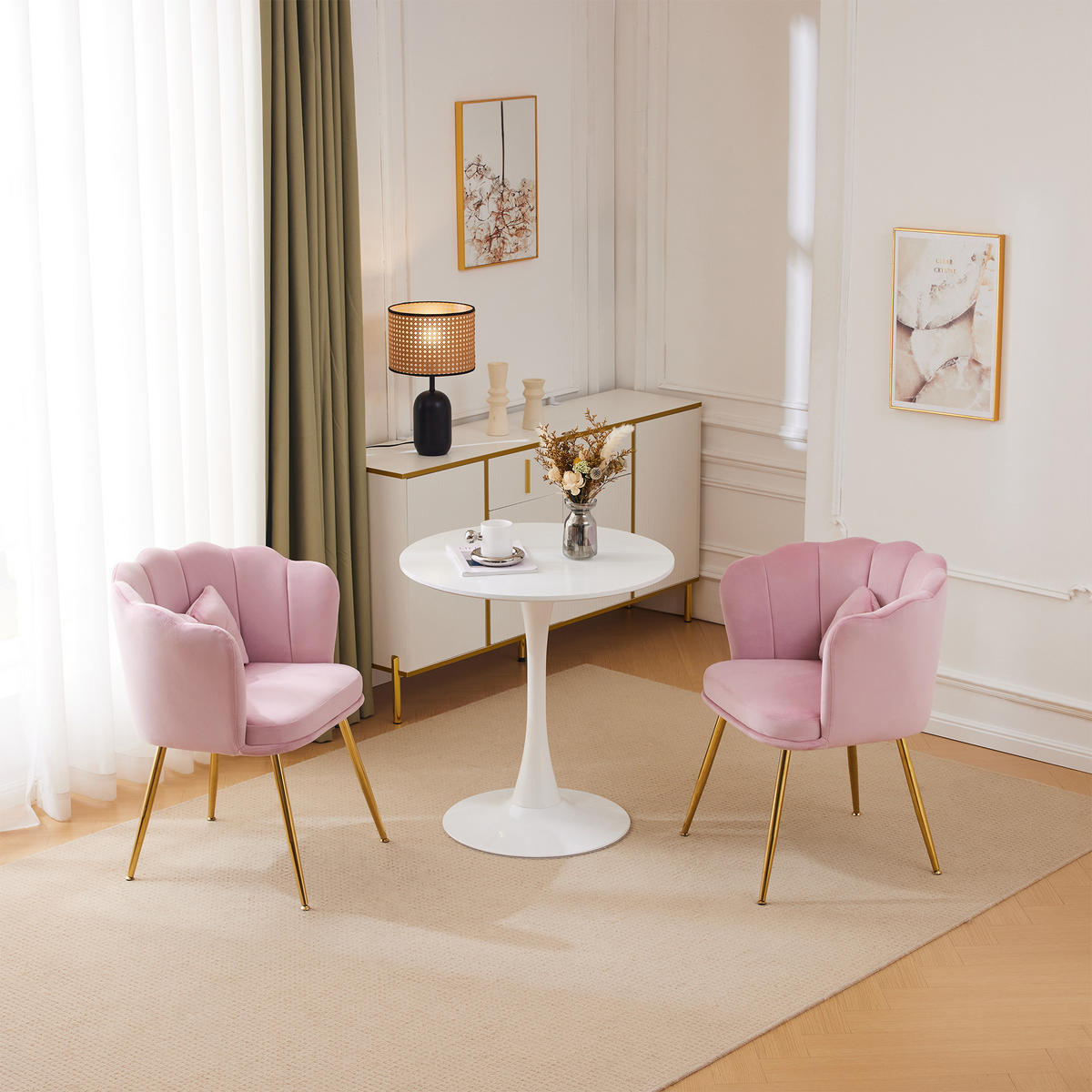 STUHL SET 2-TEILIG Samt Polster Blütenblatt-Rücken Goldfüße & Kissen Rosa - Pink, Holz (62/43/54cm) - FLIEKS