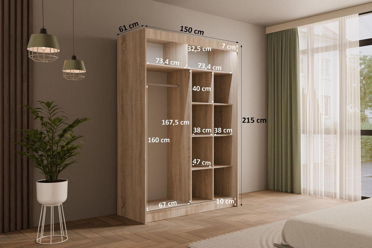 KLEIDERSCHRANK AMOHA mit LED - 150 cm - Sonoma Eiche - Sonoma Eiche, Holzwerkstoff (150/215/61cm) - ALTDECOR