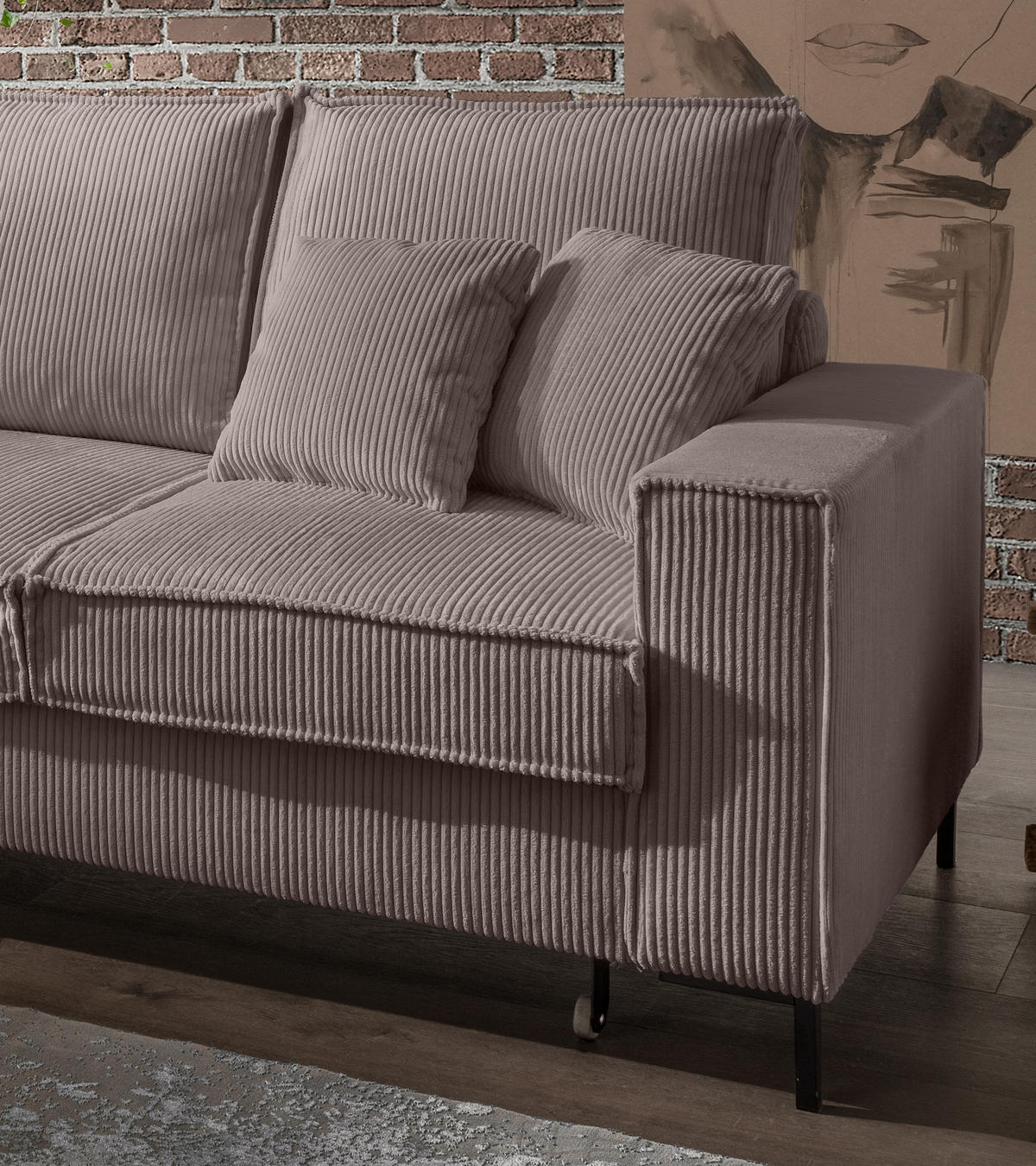 ECKSOFA mit Schlaffunktion, Bettkasten, Wellenunterfederung, Récamiere links B240/T150/H92 cm, Liegefl. 125x198 cm, Cord Braun Taupe / 17225 - Taupe/Schwarz, Textil/Metall (240/150cm) - luma-home