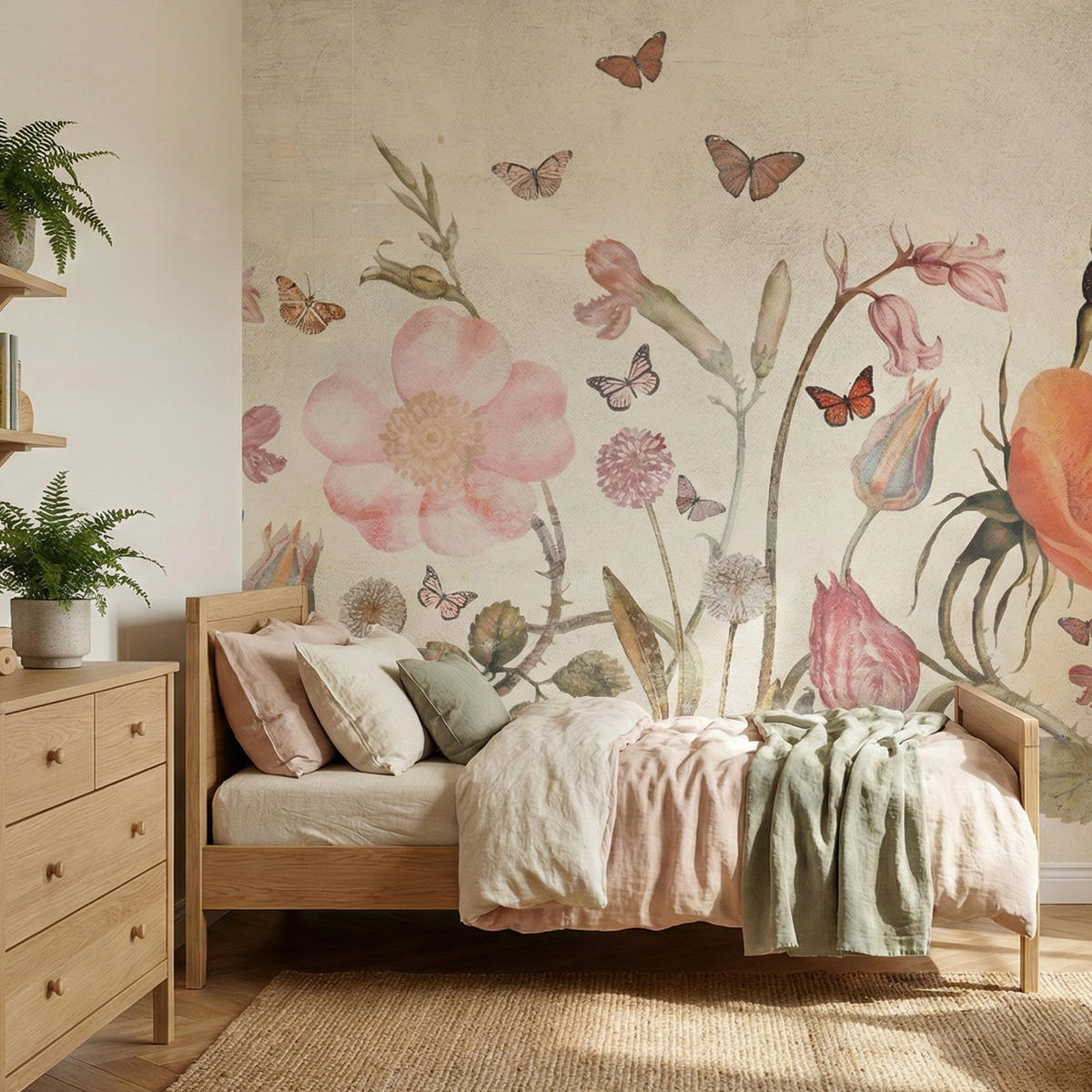 FOTOTAPETE für Kinderzimmer Wiesenblumen Aquarell Schmetterlinge Boho 500x350 - Beige/Rot, Papier (500/350cm) - Muralo