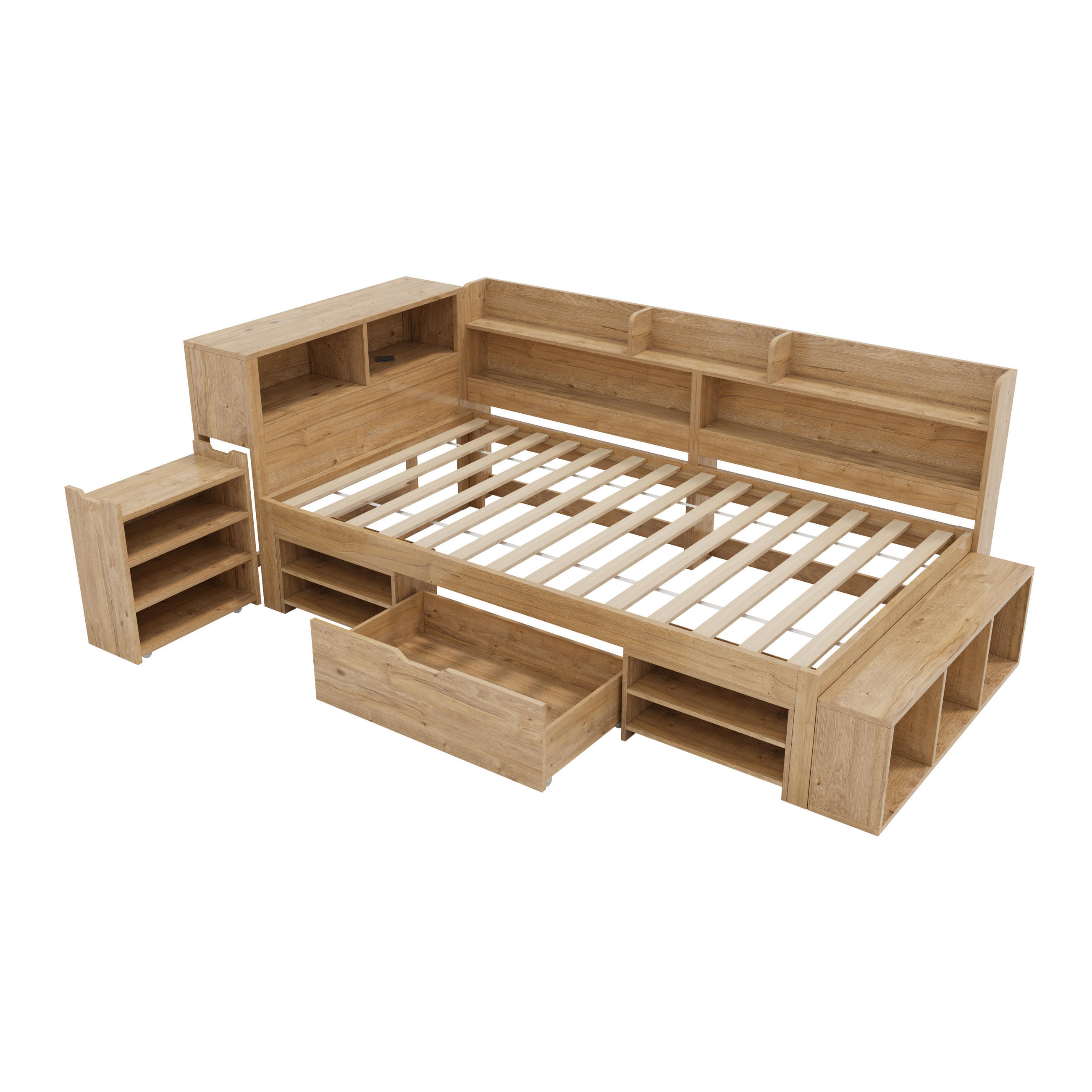 STAURRAUMBETT 90/200 cm DE-03100, mit Nachttisch, Schubladen und Regalen, in Natur - Naturfarben, Holzwerkstoff (90/200cm) - ComfortXL