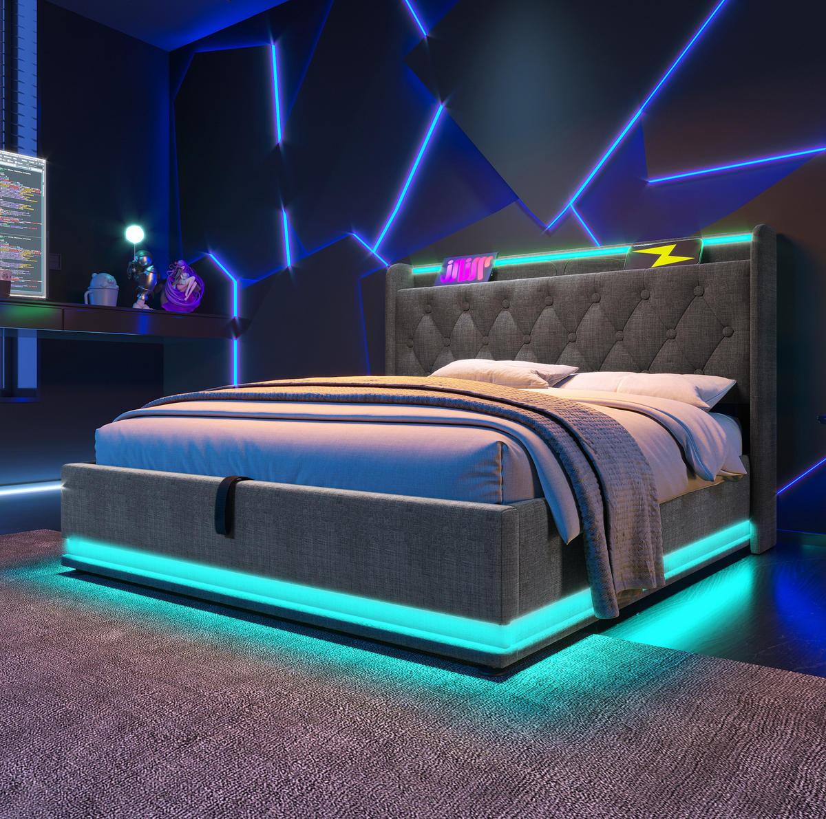 BETT mit Stauraum und LED 140x200 cm Leinen Grau - Grau, Metall (140/200cm) - Meubliv