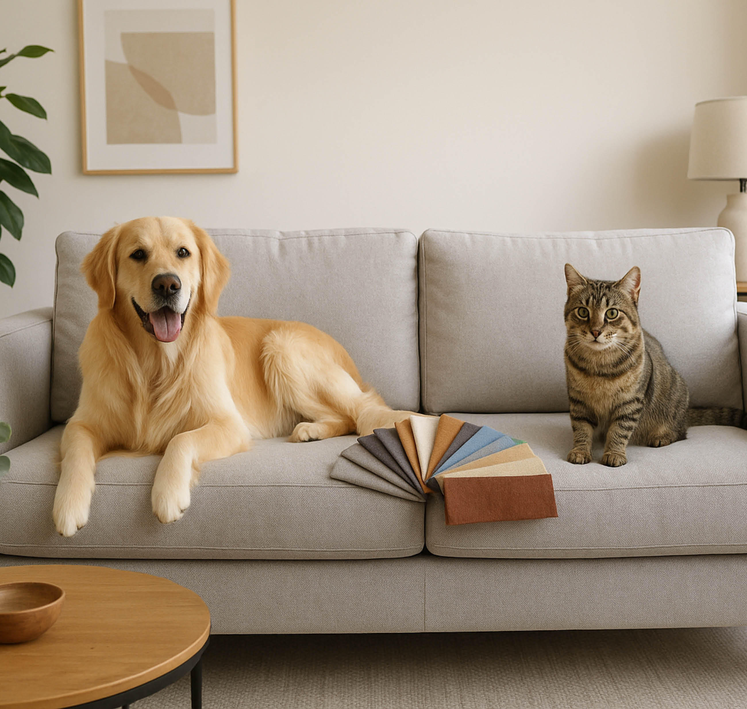 Hund und Katze sitzen auf einem Sofa mit verschiedenen Stoffmustern für haustierfreundliche Bezüge