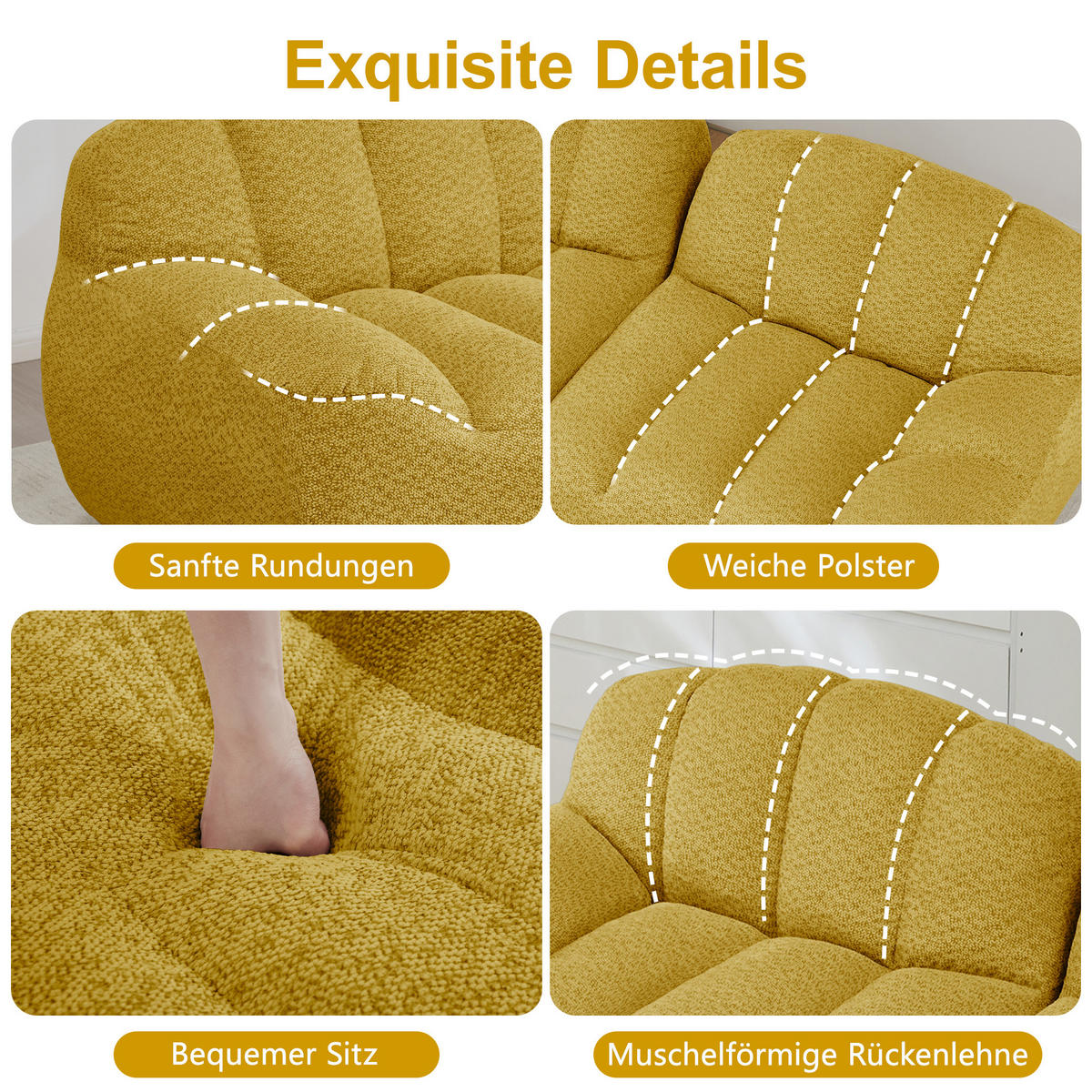 3-SITZER SOFA aus granuliertem Fleece, frameless Lounge-Design ohne Montage - Gelb, Textil (288/79/104cm) - Urban Meuble