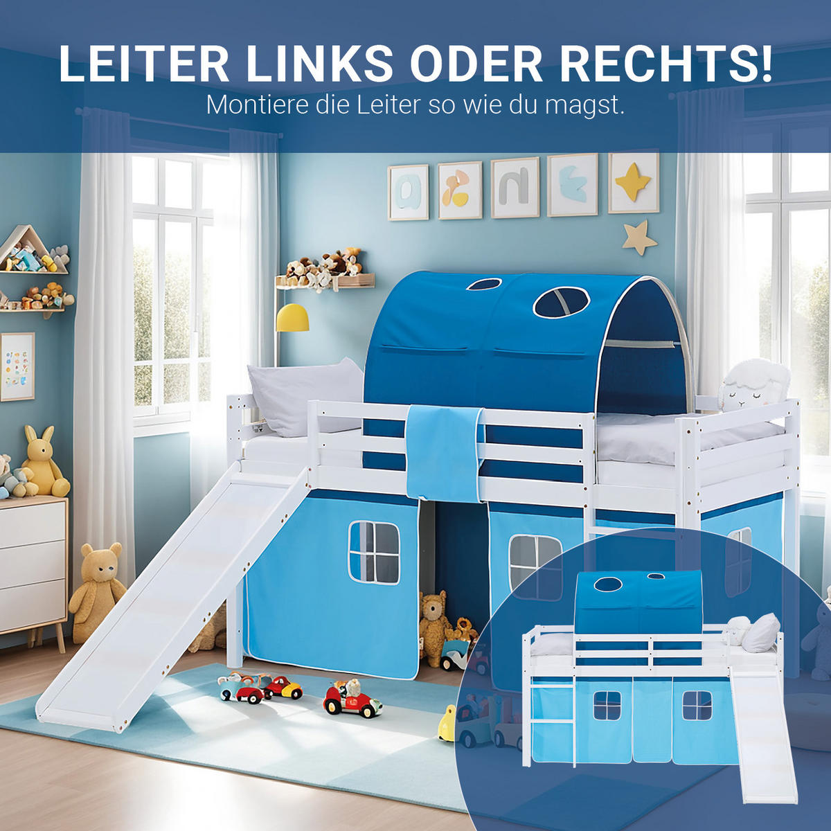 HOCHBETT 90/200 cm in Weiß und Blau mit Rutsche Lattenrost - Weiß/Hellblau, Holz/Textil (90/200cm) - Homestyle4u
