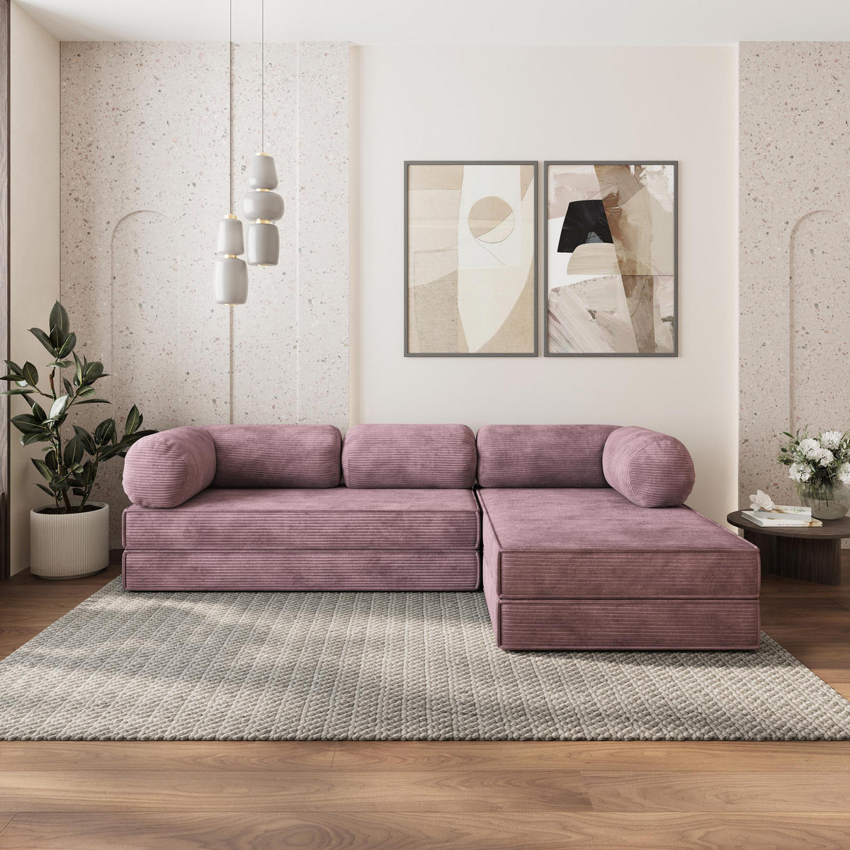 ROHOVÁ SEDAČKA ETERA modulární Boneless pohovka s funkcí spaní, šeříková POSO 130 - fialová, textil (270/160cm) - MASSENO