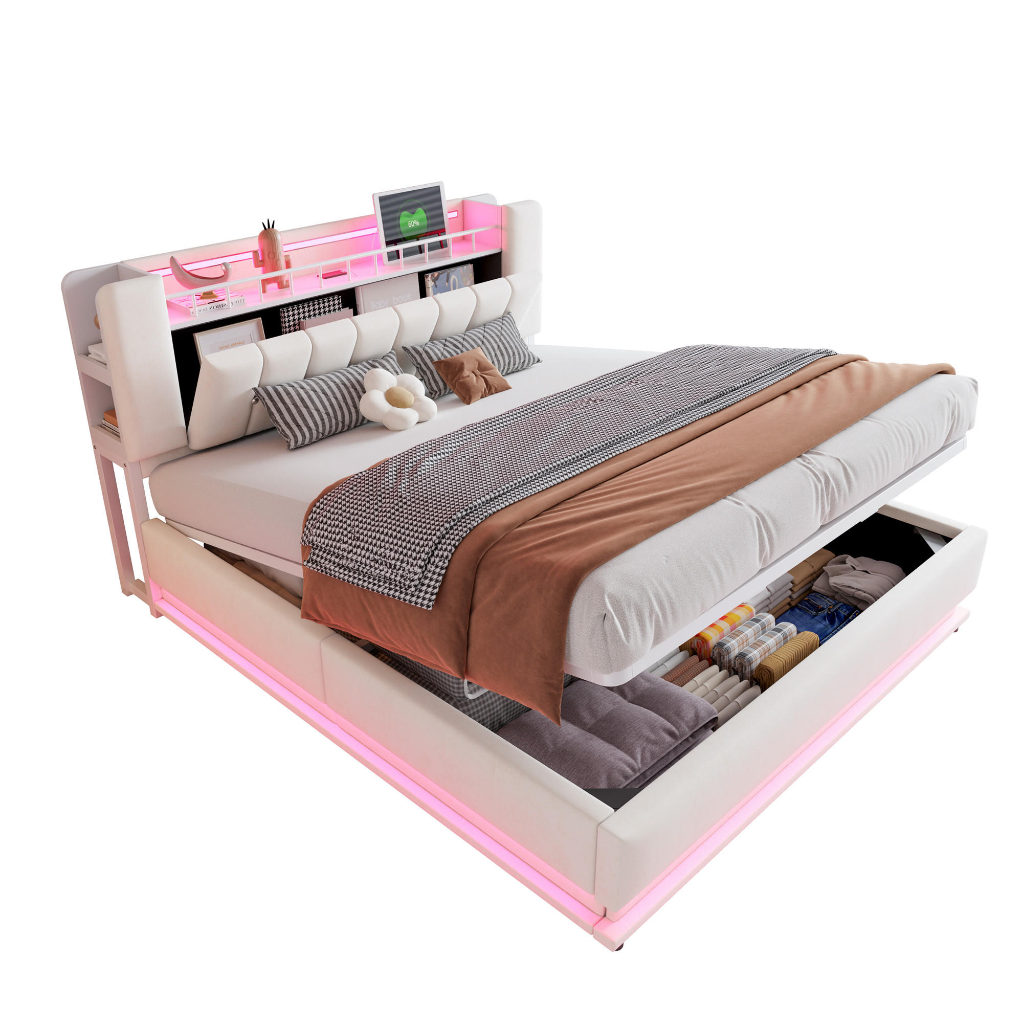 POLSTERBETT 180/200 cm Beige mit LED-Beleuchtung und Stauraum Samtbezug - Beige, Textil (180/200cm) - OKWISH