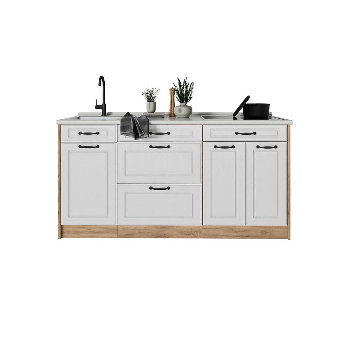 KÜCHENBLOCK R-Line, Weiß Landhaus/Goldkraft Eiche, 160 cm Arbeitsplatte Anthrazit - Eichefarben/Weiß, Holzwerkstoff (160/81.6/60cm) - Vicco