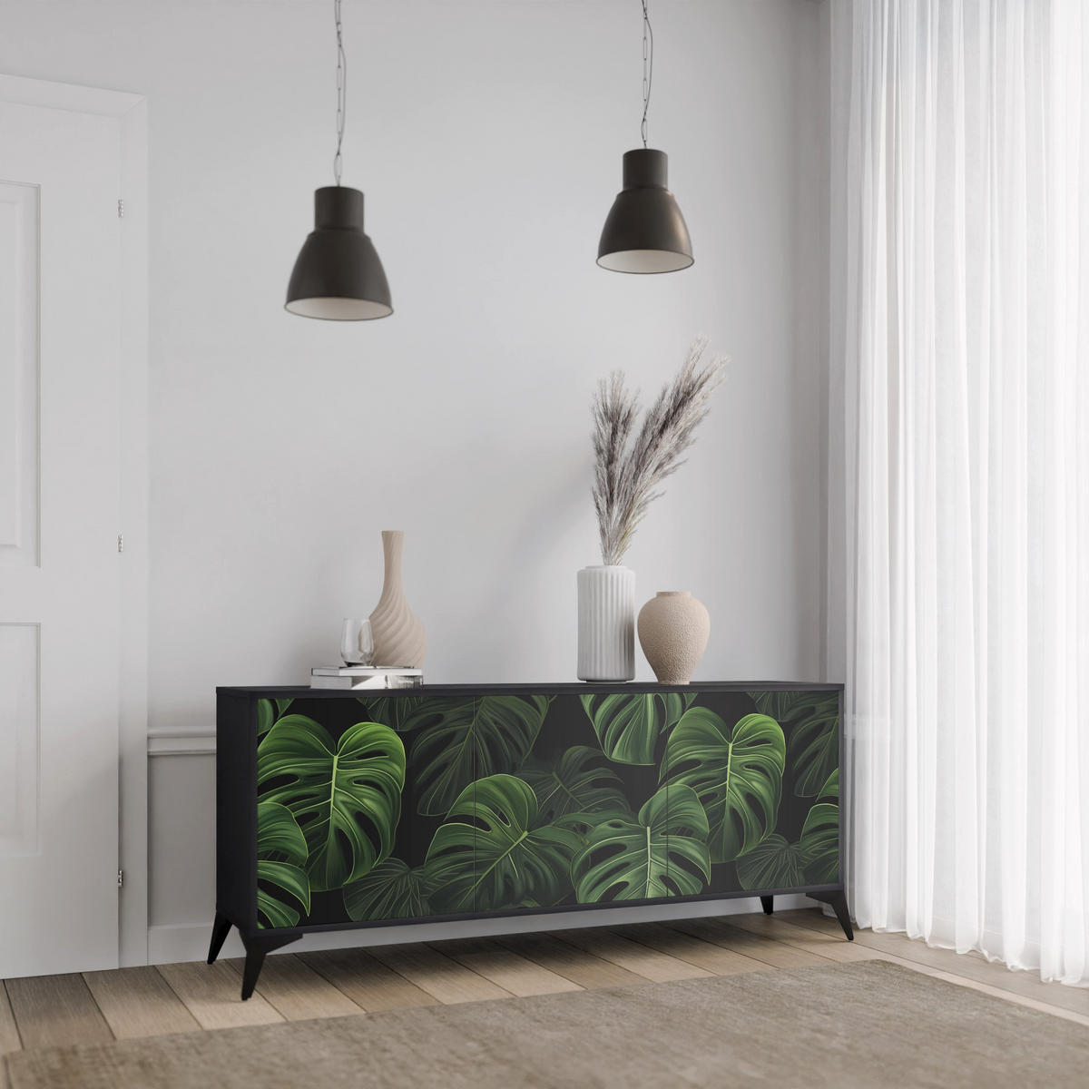 SIDEBOARD INFINITE MONSTERA, Eicheneffekt, 164,5x42x77,5 cm, 3 Türen - Eichefarben/Buchefarben, Holzwerkstoff/Buchenholz (164.5/77.5/42cm) - SpaceRebels