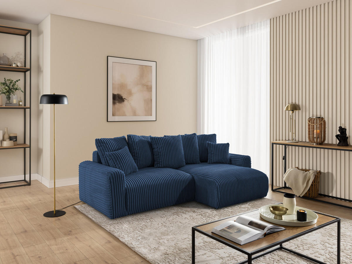 ECKSOFA Calma mit Schlaffunktion und Bettkasten im Bumpy-Design aus weichem Marineblau Plüschcord - Ottomane rechts - Blau/Schwarz, Holz/Kunststoff (140/239cm) - S-Style