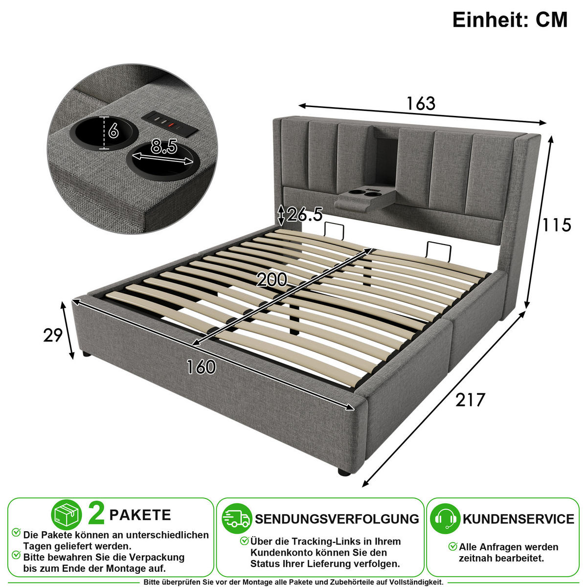 POLSTERBETT 160/200 cm in Grau Leinen mit Stauraum, USB, Type-C und Becherhalter - Grau, Holzwerkstoff/Textil (160/200cm) - CHICFURN