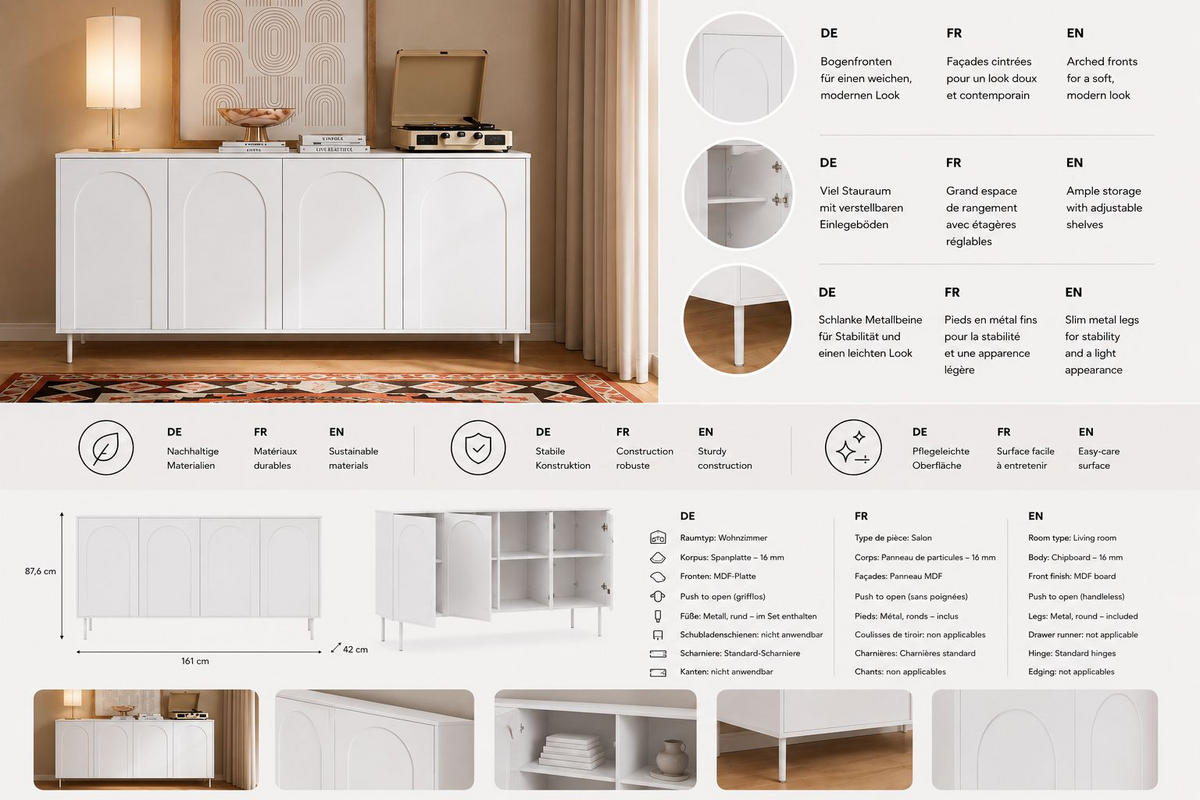 KOMMODE, Weiß, 161 x 42 x 87,6 cm - Weiß, Holzwerkstoff (161/87.6/42cm) - 3XE LIVING