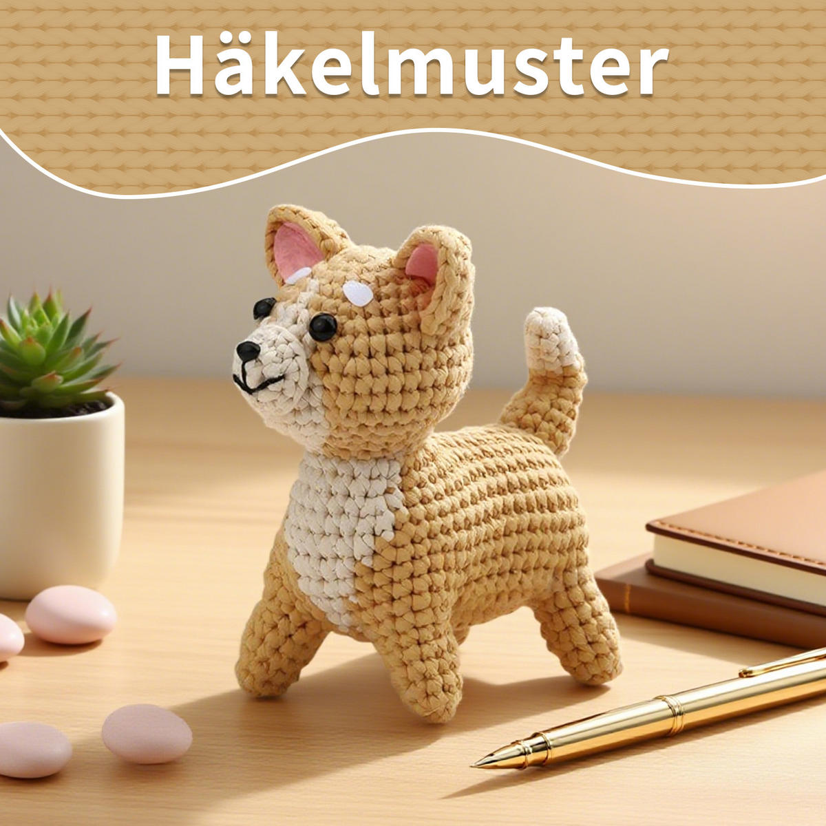 KOMPLET za kvačkanje pasme Shiba Inu, amigurumi za začetnike z navodili in pripomočki - rjava, tekstil (1/1/1cm)
