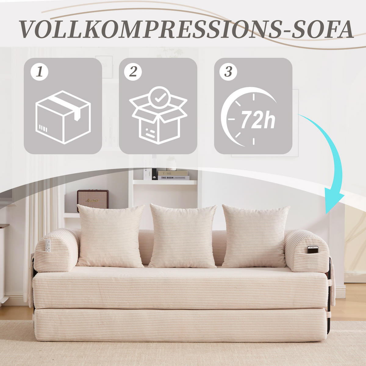 SCHLAFSOFA 200/94/67 cm Beige mit Seitentaschen plus und 3 Kissen - Beige, Textil (200/67/94cm) - Oxeza