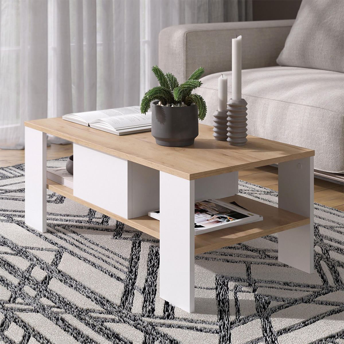 COUCHTISCH Wilmut Goldkraft Eiche/Weiß 89.8 x 46.4 cm mit Schublade - Honigeiche/Weiß, Holzwerkstoff (46.4/89.8/35.8cm) - Vicco