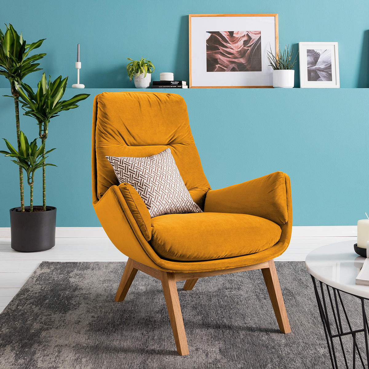 SESSEL mit Holzfüßen - Eichefarben/Gelb, Eichenholz/Textil (83/95/97cm) - home24