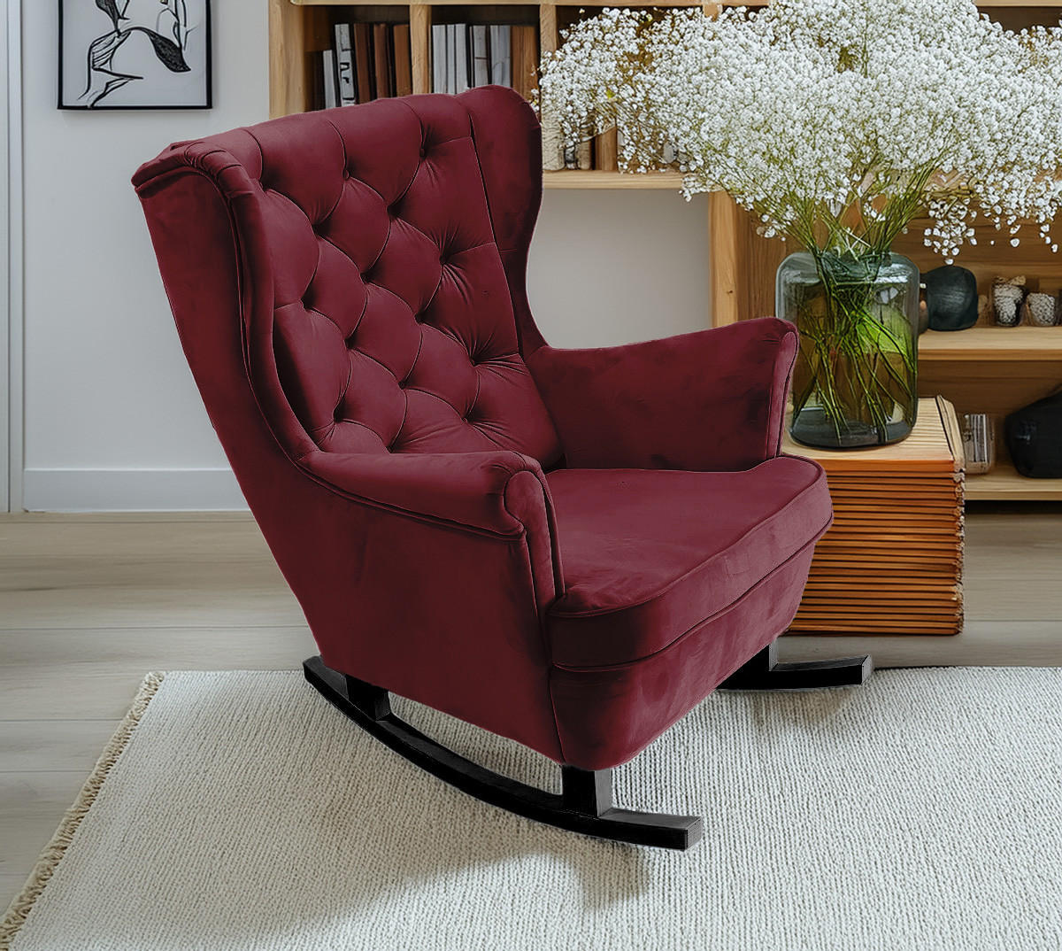 SCHAUKELSESSEL mit gepolstertem Sitz und Armlehnen, 102x81x95 cm, Burgunderrot_29835 - Bordeaux/Schwarz, Holz/Textil (81/102/95cm) - DomoHome