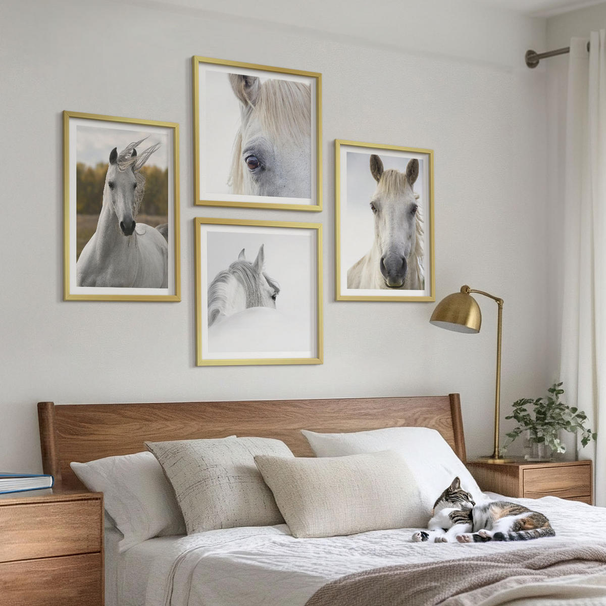 WANDBILDER 4er Set - 50x50 cm & 40x60 cm Goldrahmen - Weiße Pferde - Goldfarben, Kunststoff (50/50cm) - ArtPrintCave