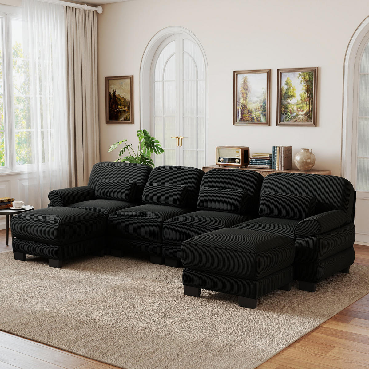 WOHNLANDSCHAFT 4-Sitzer U-Form mit 2 Hockern, DE-42659, Schwarz - Schwarz, Holz (336/94/161cm) - ComfortXL