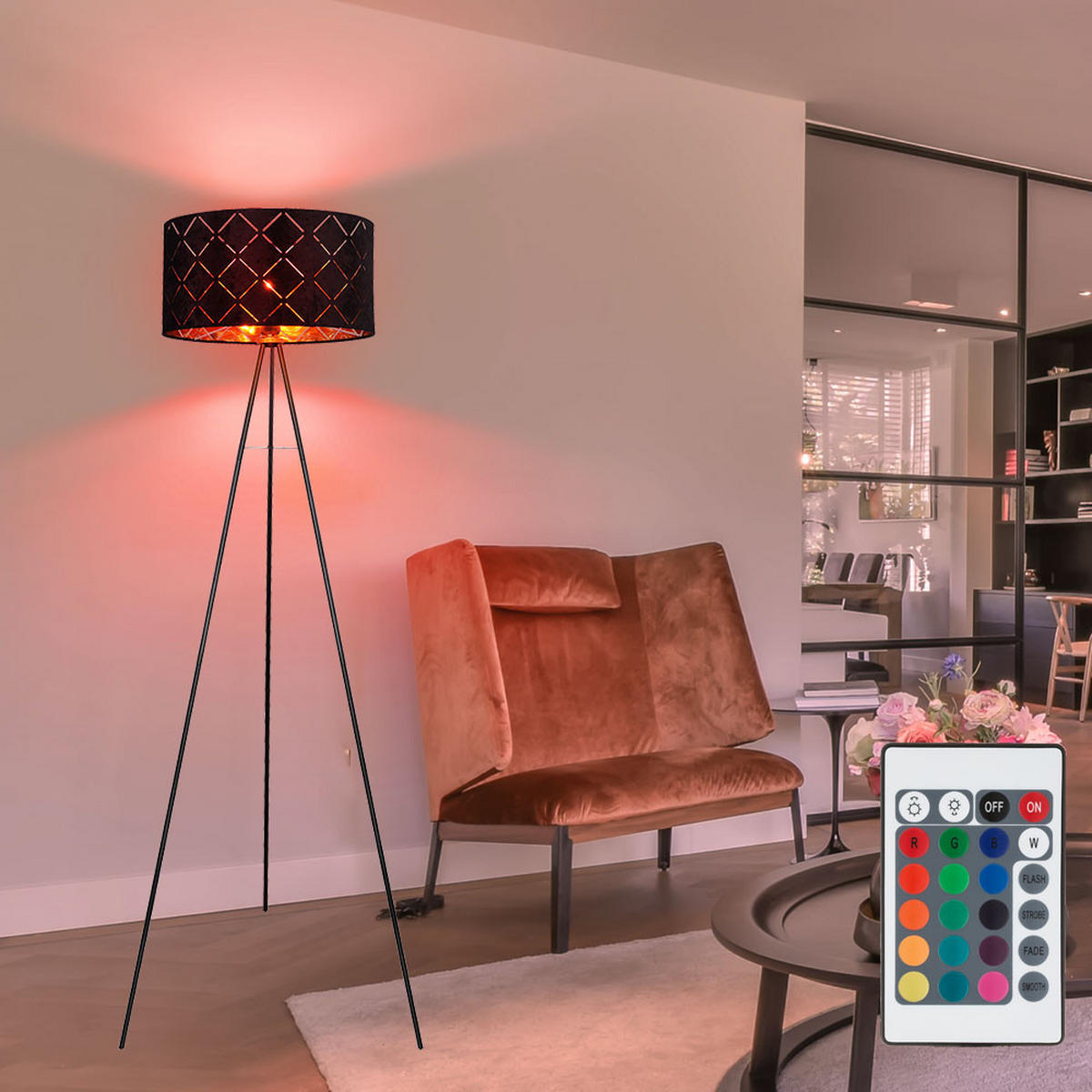 LED STEHLEUCHTE SUNNA Schwarz Metall Textil - Schwarz, Metall (69/69/149cm) - Globo Lighting