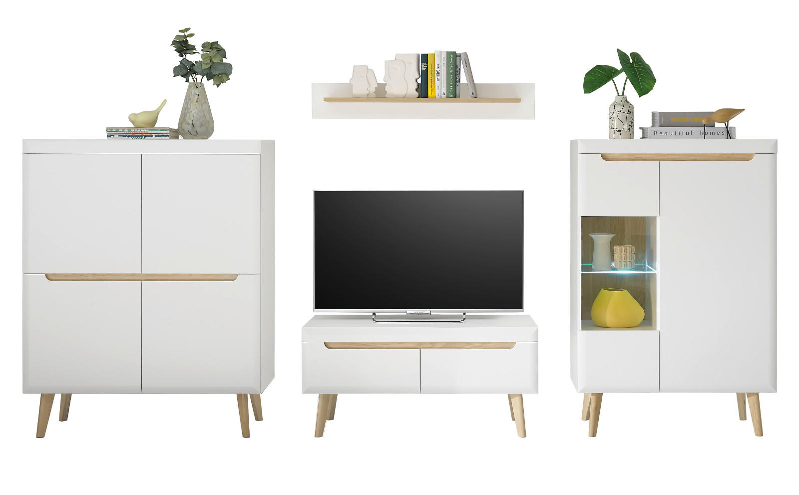 WOHNWAND 4-teilig weiß matt, Eiche, skandinavisch 344 cm, Wohnkombination mit Soft-Close - Eichefarben/Weiß, Glas/Holz (344/170/40cm) - Furn.Design