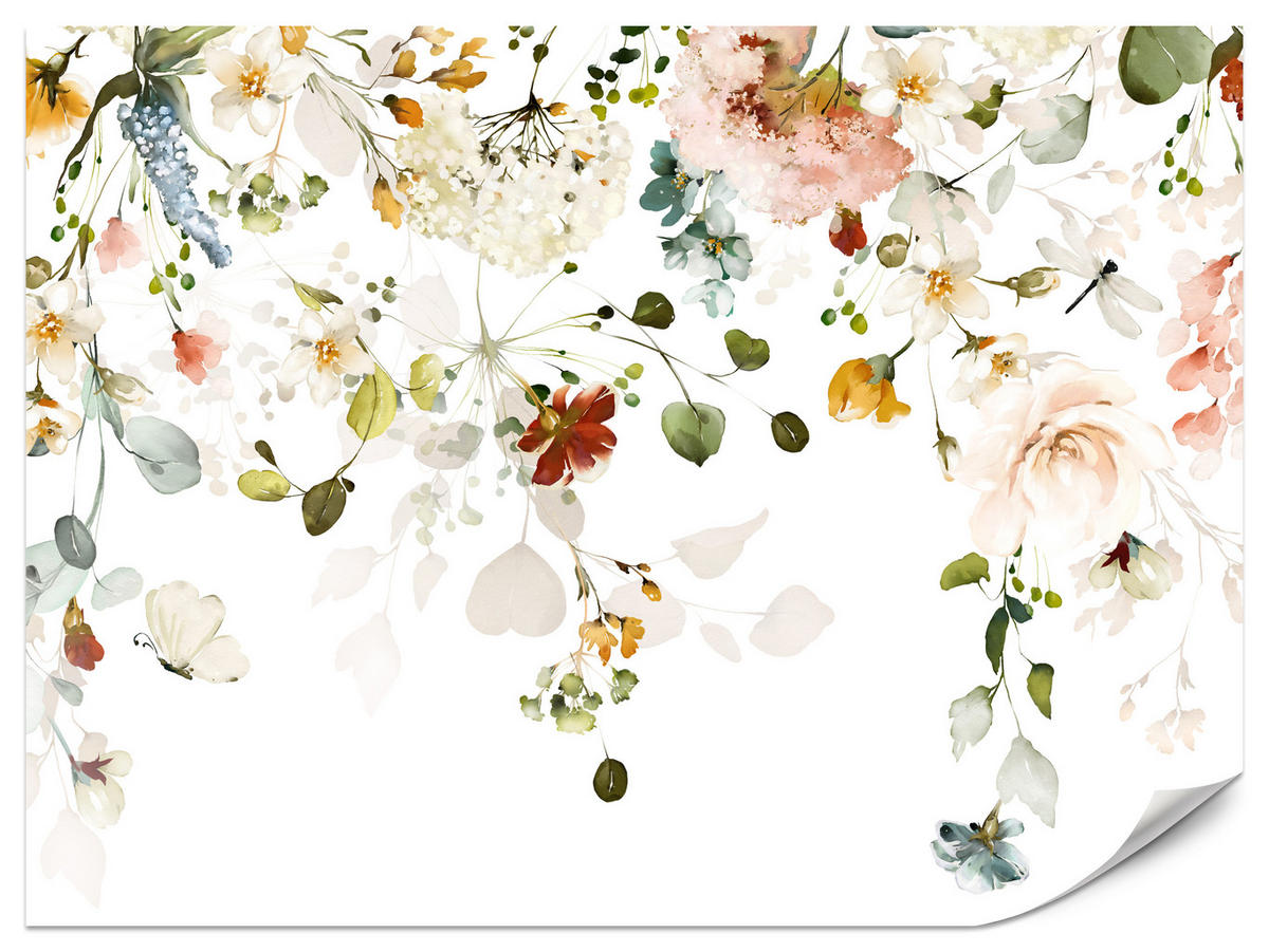FOTOTAPETE für Schlafzimmer Bunte Zarte Blumen Blätter Pastell 150x105 - Ecru/Beige, Papier (150/105cm) - Muralo
