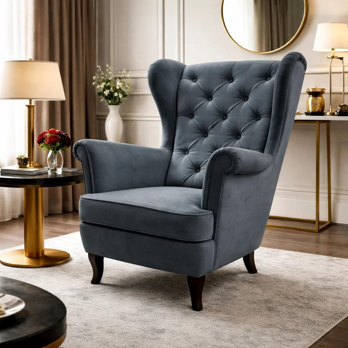 CHESTERFIELD-SESSEL Falco dunkellgrau mit Holzbeinen - Wengefarben/Dunkelgrau, Holz/Textil (82/102/92cm) - Beautysofa