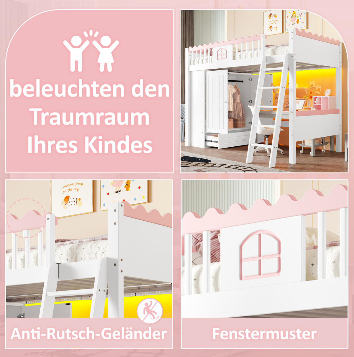 HOCHBETT aus Kiefer und MDF 90x200 cm Weiß mit LED, Kleiderschrank und Schublade, EN747-zertifiziert - Weiß, Holzwerkstoff (90/200cm) - Modfu