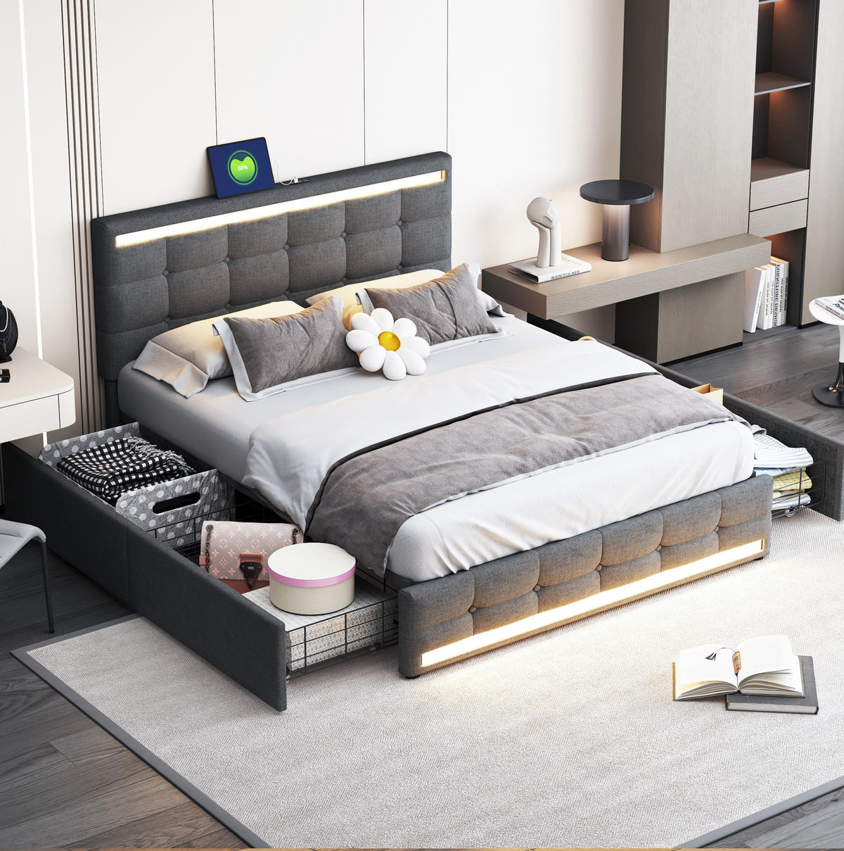 ČALÚNENÁ posteľ 140/200 cm s LED osvetlením, 2 USB portami a 4 zásuvkami, úložná, Sivá - sivá, textil (140/200cm) - Redom