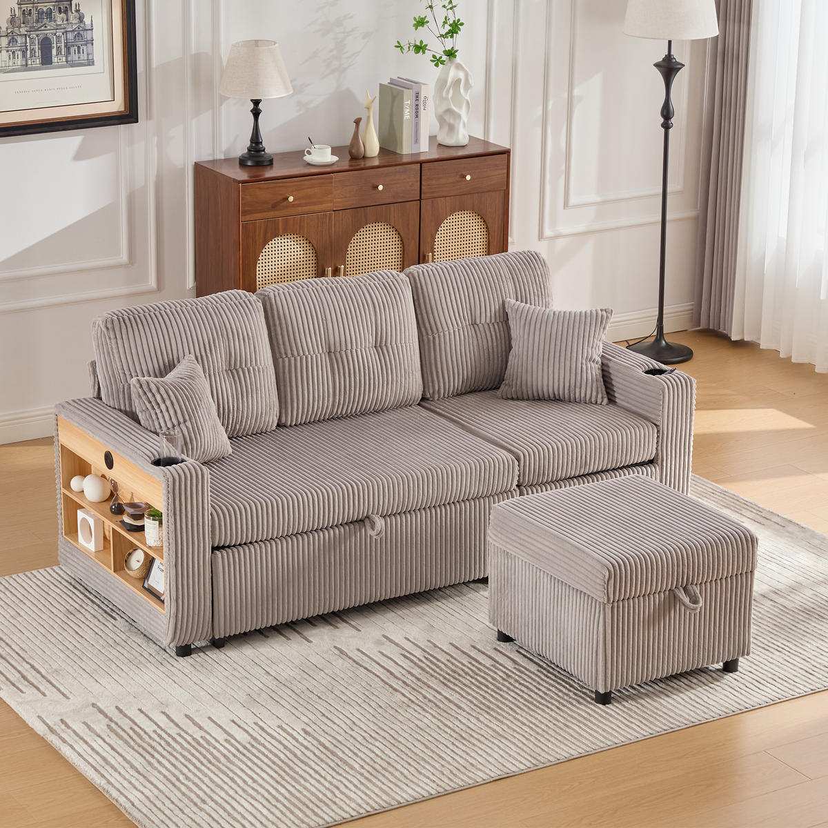 SCHLAFSOFA aus Cord mit Stauraum, Ausziehbett und USB-C - Hellgrau, Textil (196/85/82cm)