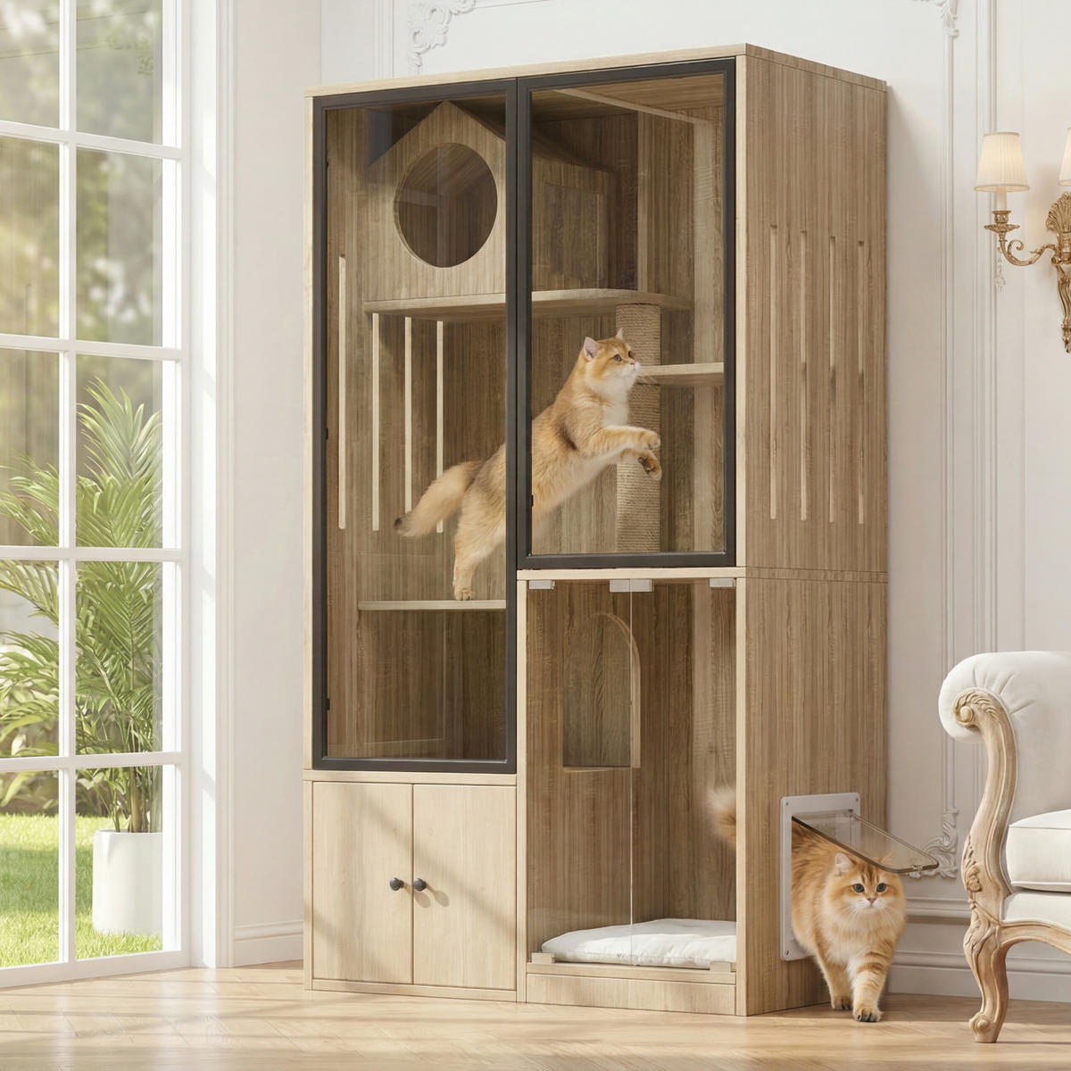 VITRINE Naturfarben 90×50×160 cm aus MDF mit Glasfronten und verriegelbarer Tür - Naturfarben, Holzwerkstoff (90/160/50cm) - Luhomfu