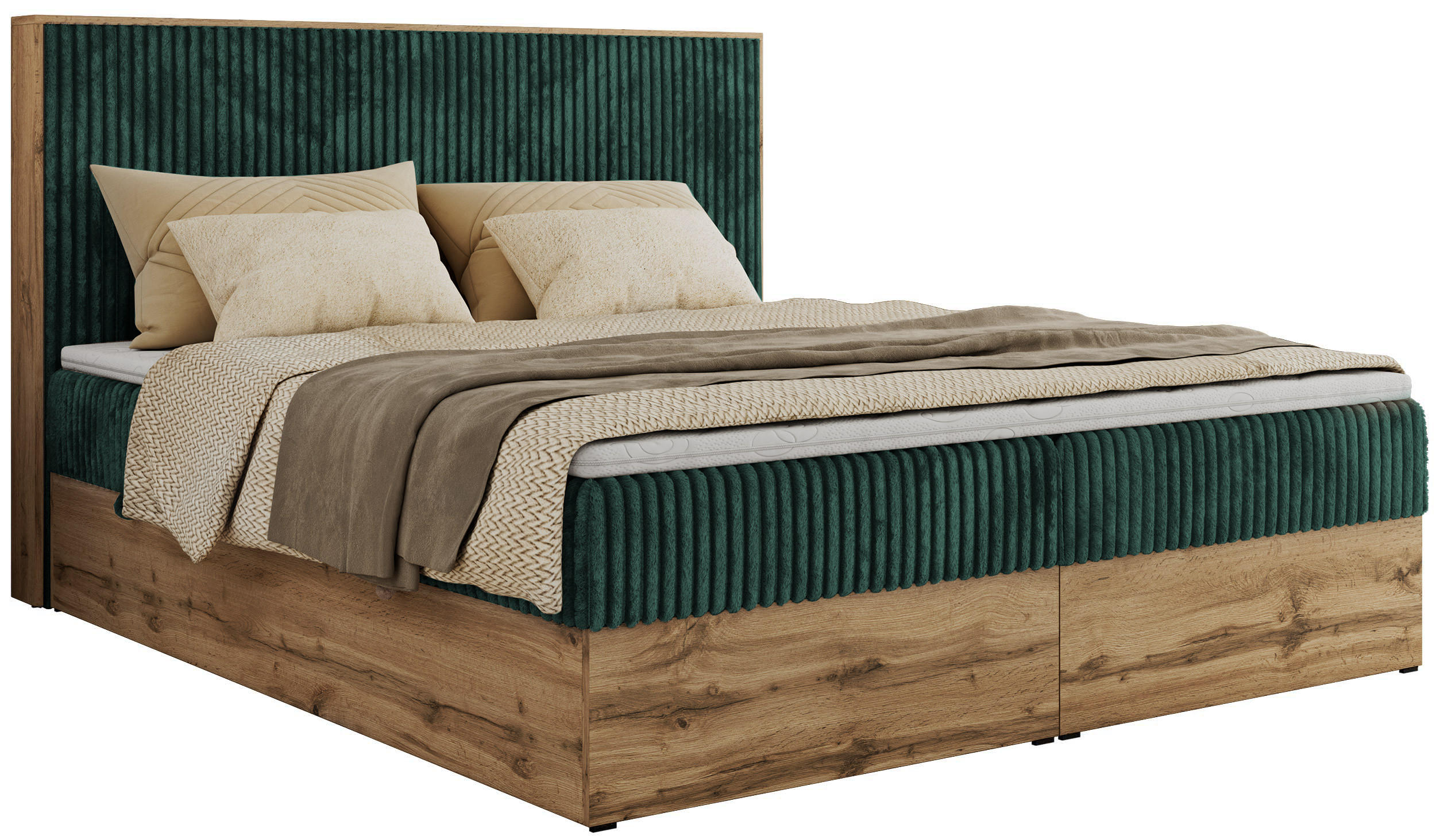 MKS KONTINENTÁLNÍ POSTEL WOOD CLASSIC 160/200 - tmavě zelená Manšestr - H3