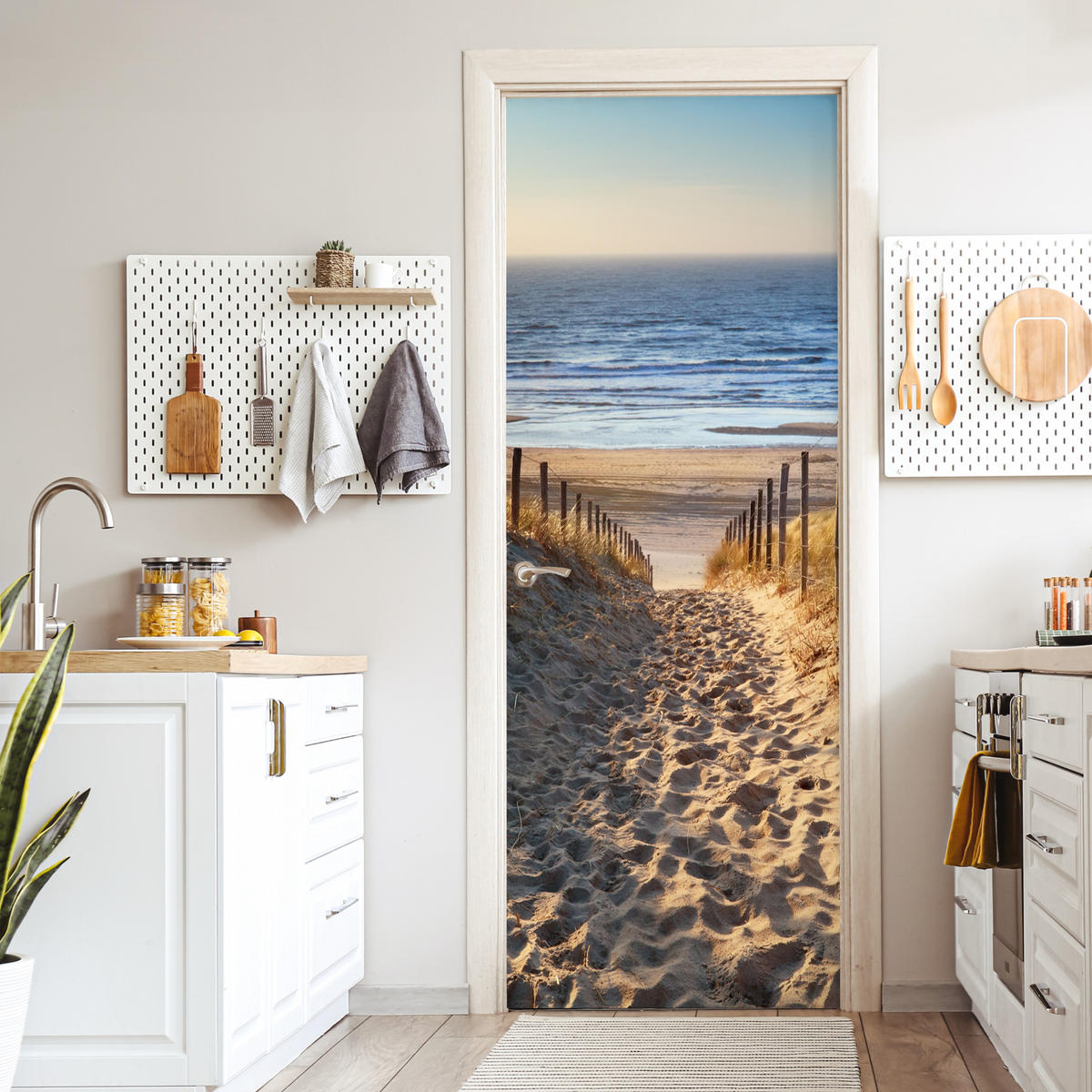 TÜRAUFKLEBER Selbstklebend - Strand - Meer - Niederlande - Dünen - Sonne 95x235 cm - Türtapete - Blau, Kunststoff (95/0.1cm) - MuchoWow