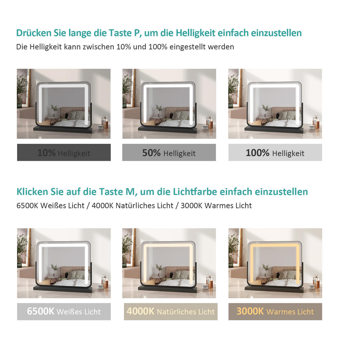 KOSMETIKSPIEGEL mit Beleuchtung, Schwarz, 60/51,6/11,8 cm - Schwarz, Glas (51.6/11.8/60cm) - EMKE