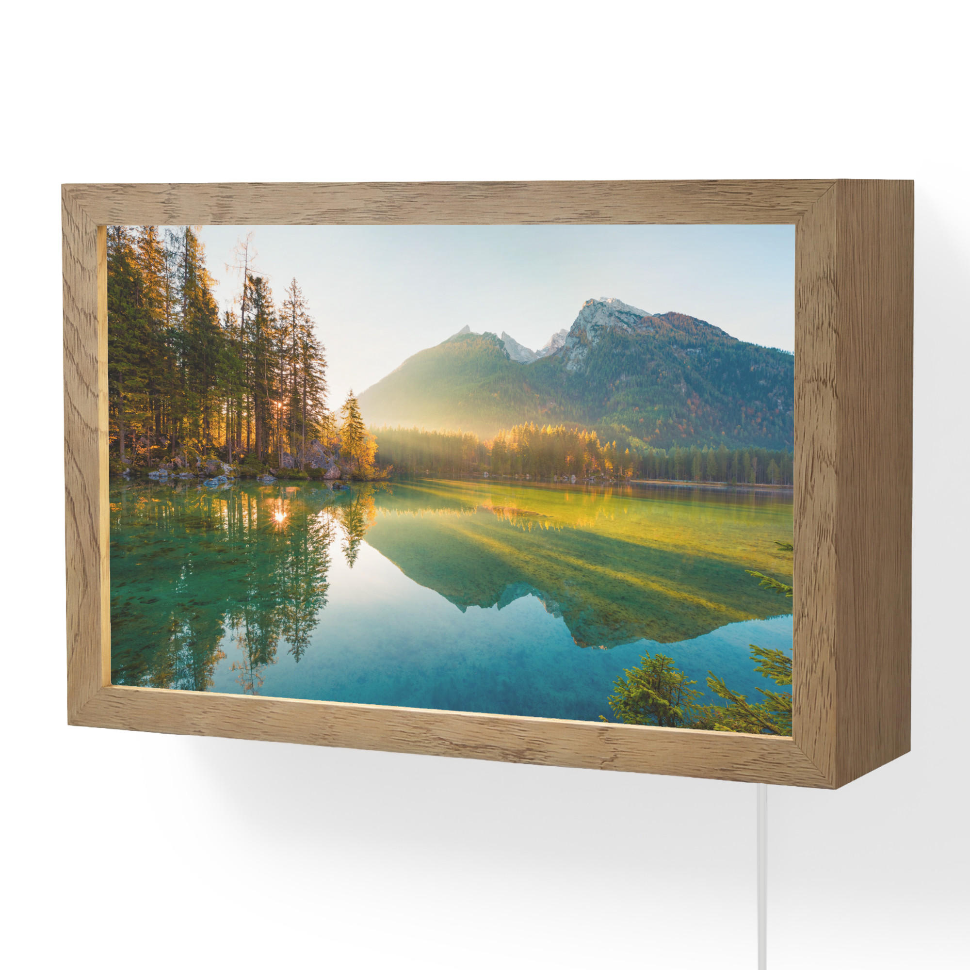WANDLEUCHTE See - Wald - Berge - Natur - Sonne - Landschaft 30x20 cm - Grün, Holzwerkstoff (30/20/8cm) - OnlyWow