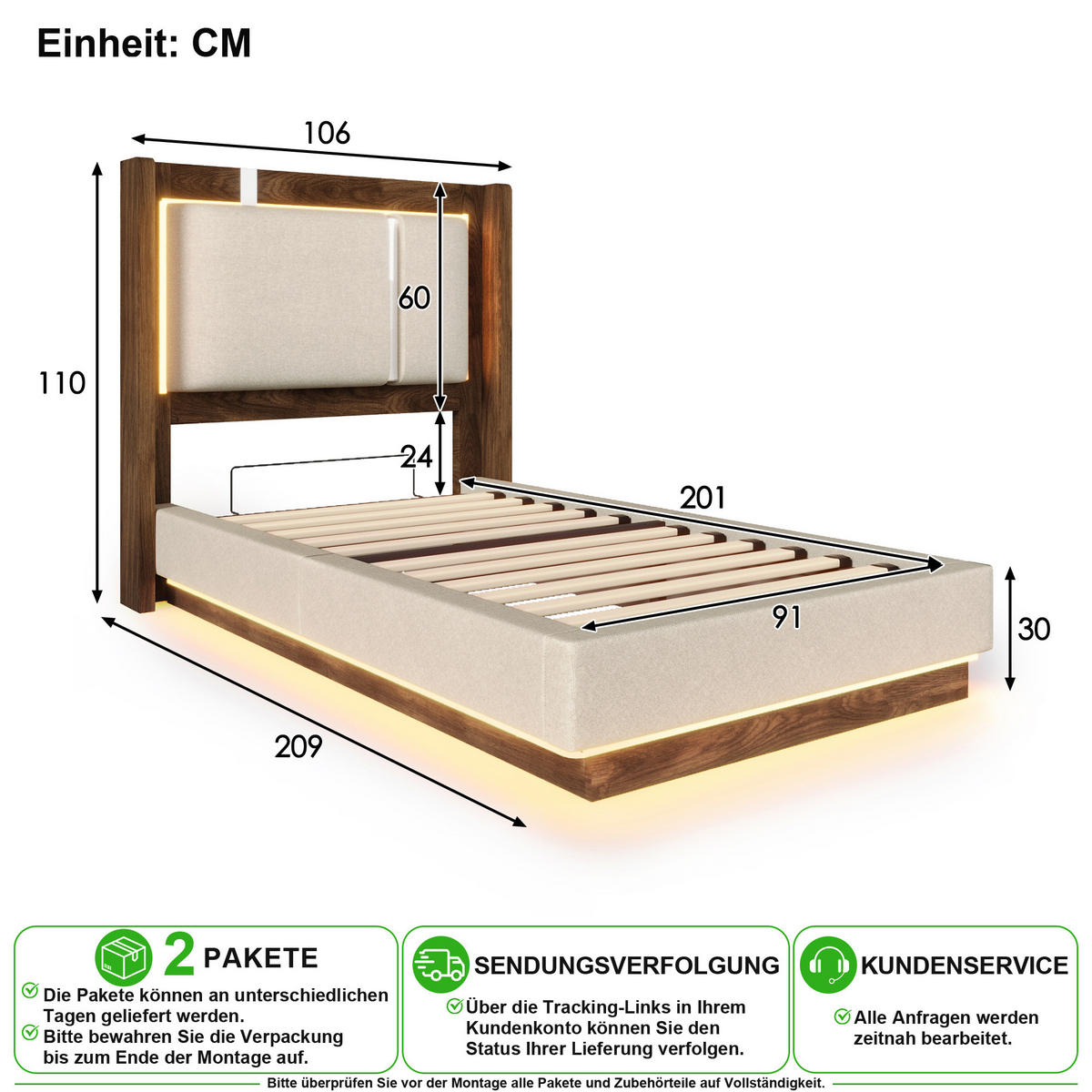ČALOUNĚNÁ POSTEL 90/200 cm v béžové a ořechové barvě s úložným prostorem a LED - béžová, kov/kompozitní dřevo (90/200cm) - CHICFURN