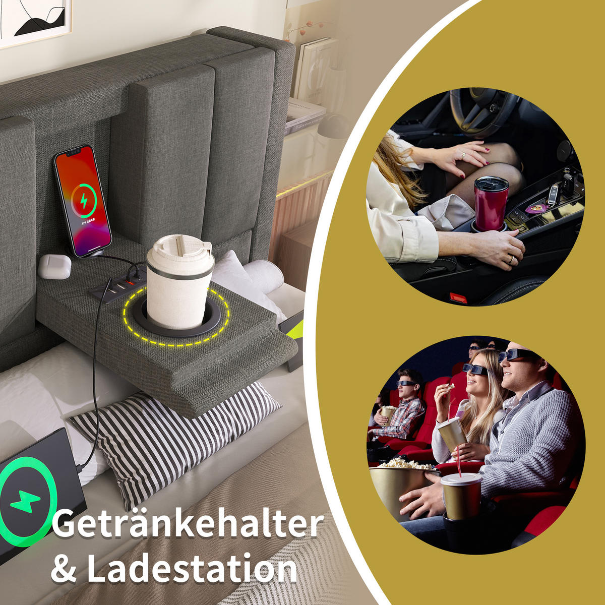 POLSTERBETT 90/200 cm Grau mit Stauraum und integrierter Ladestation mit Matratze - Grau, Textil (90/200cm) - OKWISH