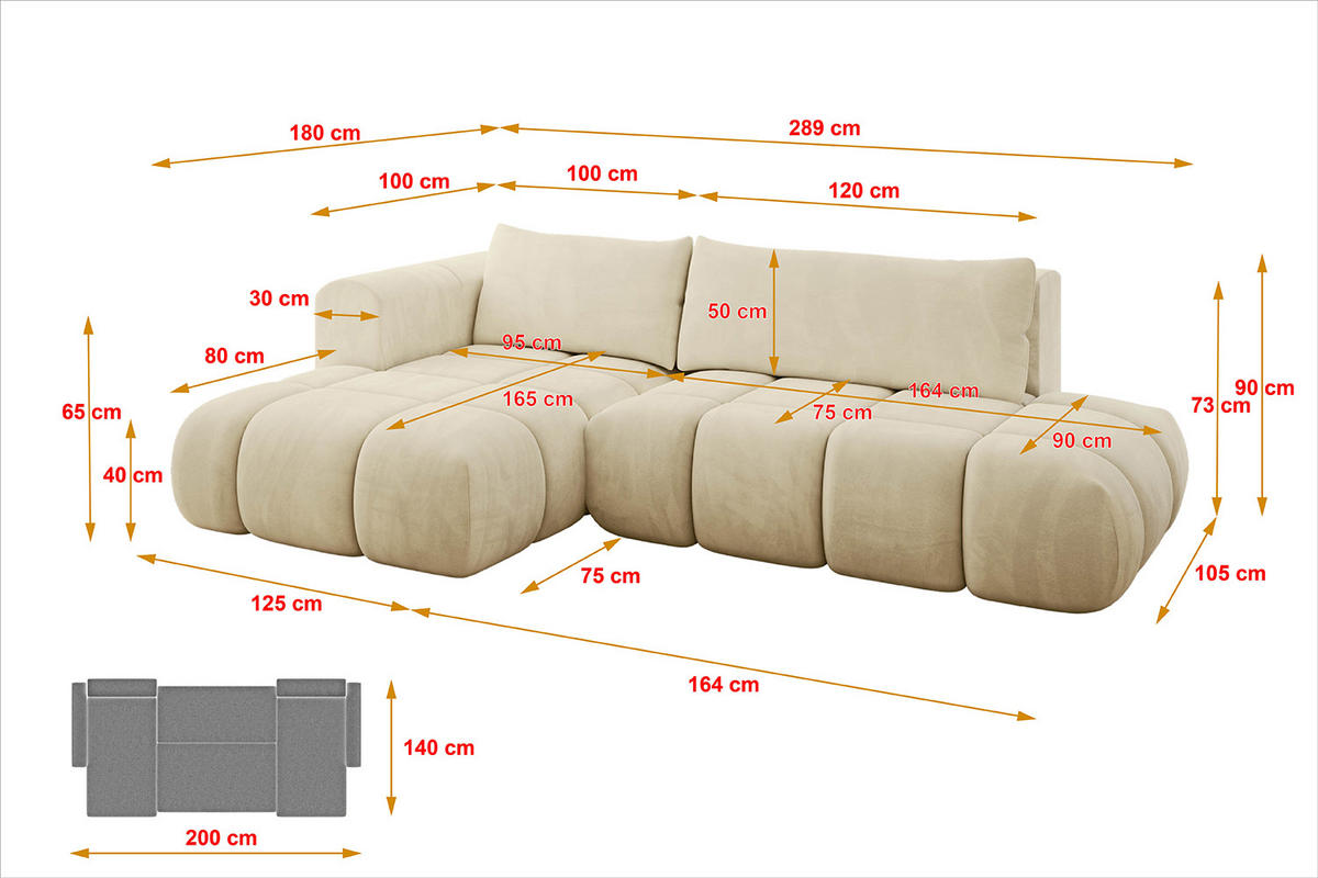 ECKSOFA Ottomane Links CLOUD-L 289x180x40 Beige Velours - Beige, Holzwerkstoff/Kunststoff (180/289cm) - ALTDECOR