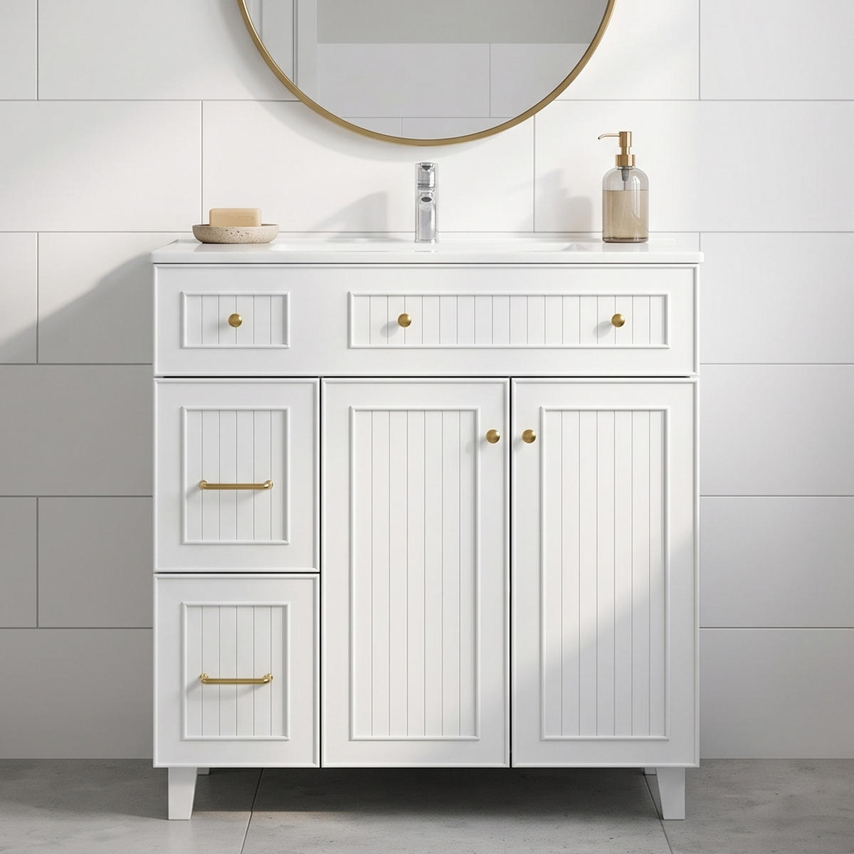 WASCHTISCH 81,7 cm mit Keramikbecken MDF und Massivholz Füße - Weiß, Holzwerkstoff (81.7/90/46.8cm) - Urban Meuble