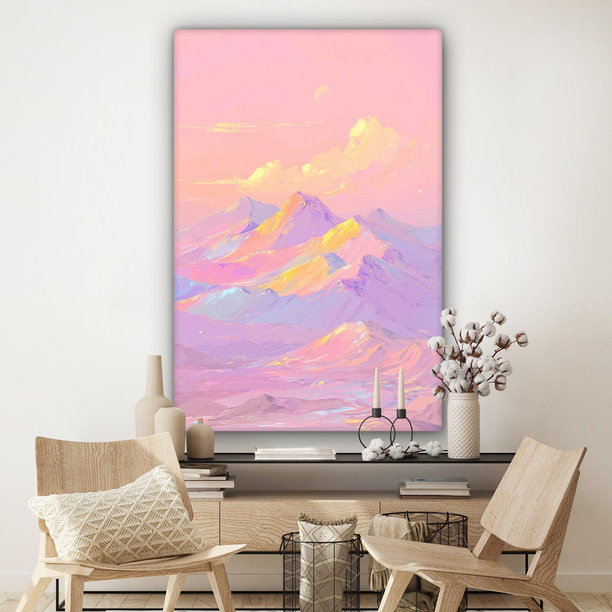 OBRAZ NA PLÁTNĚ Vrcholky hor - Mraky - Zasněné 90x140 cm - světle růžová, textil (90/140cm) - MuchoWow