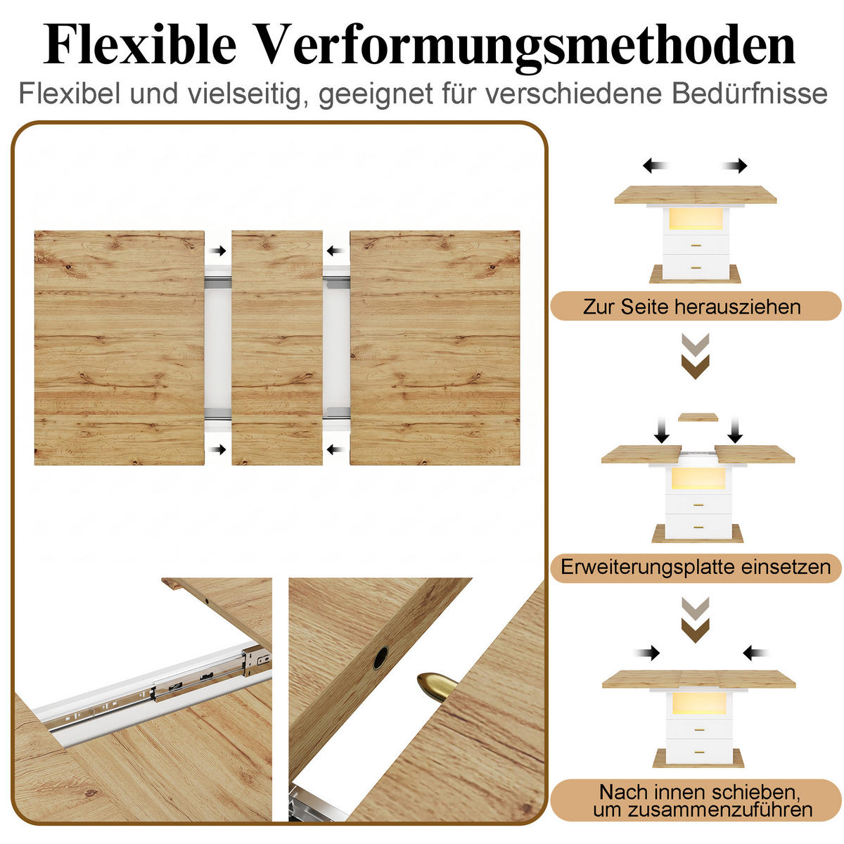 ESSTISCH in Holzoptik Ausziehbarer Küchentisch mit Stauraum und LED, für Küche & Esszimmer - Weiß, Holzwerkstoff (80/110/75cm) - STILVORA