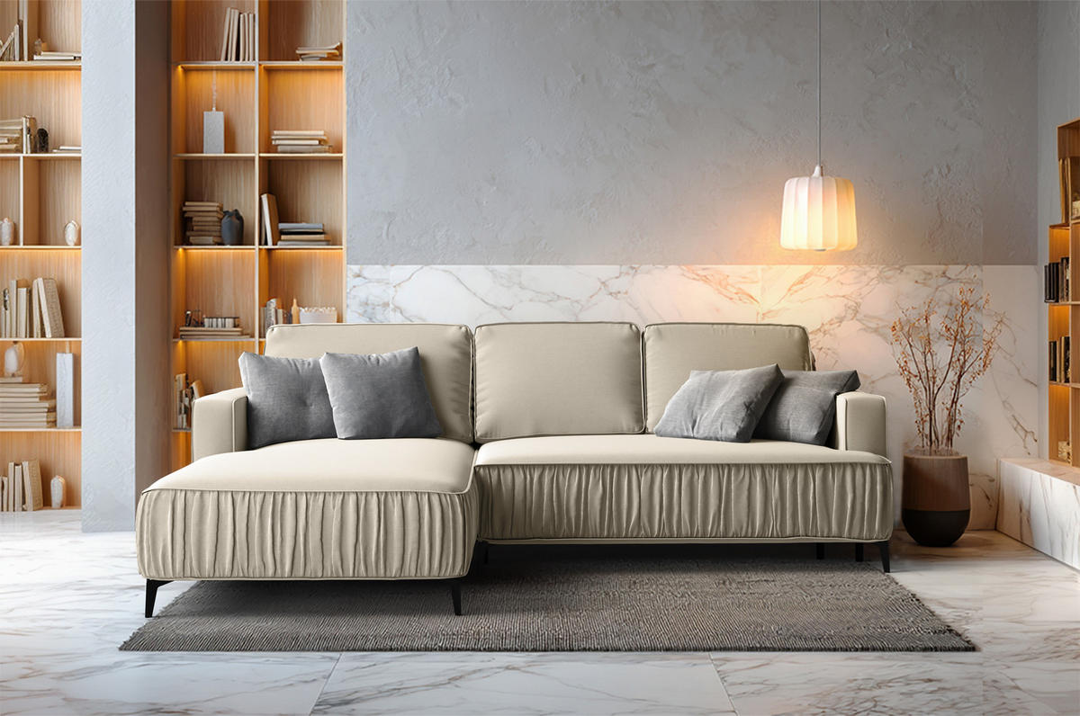 ECKSOFA Glanz rechts – Beige, mit Schlaffunktion und Bettkasten - Beige, Textil (268/177cm)