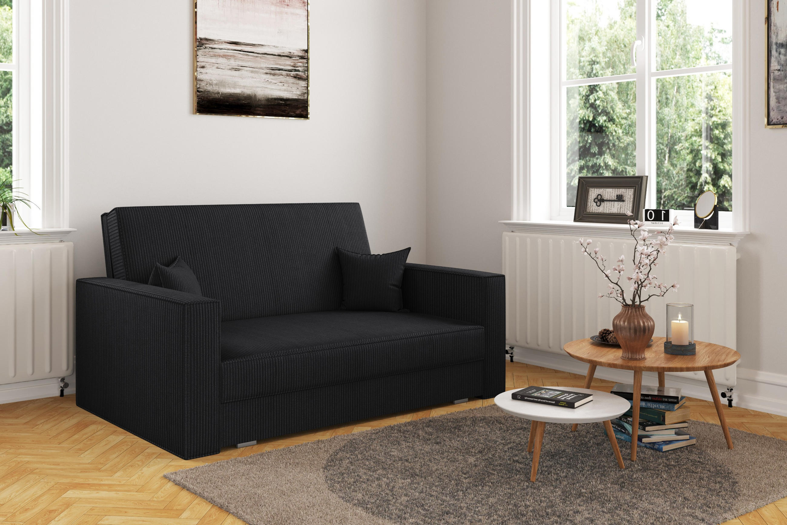 SOFA, Schlaffunktion - America Stoff Poso Schwarz - Schwarz, Holz (137/77/112cm) - Kaiser Möbel