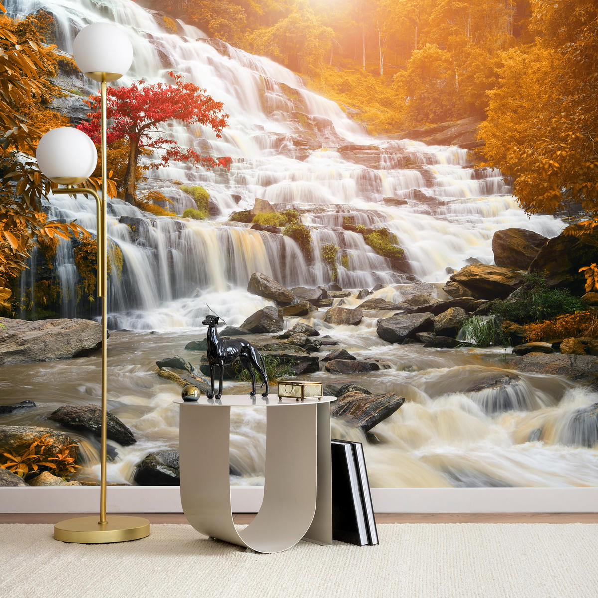 FOTOTAPETE für Küche Herbstlicher Wasserfall Bäume Blätter Felsen 400x280 - Beige/Orange, Papier (400/280cm) - Muralo