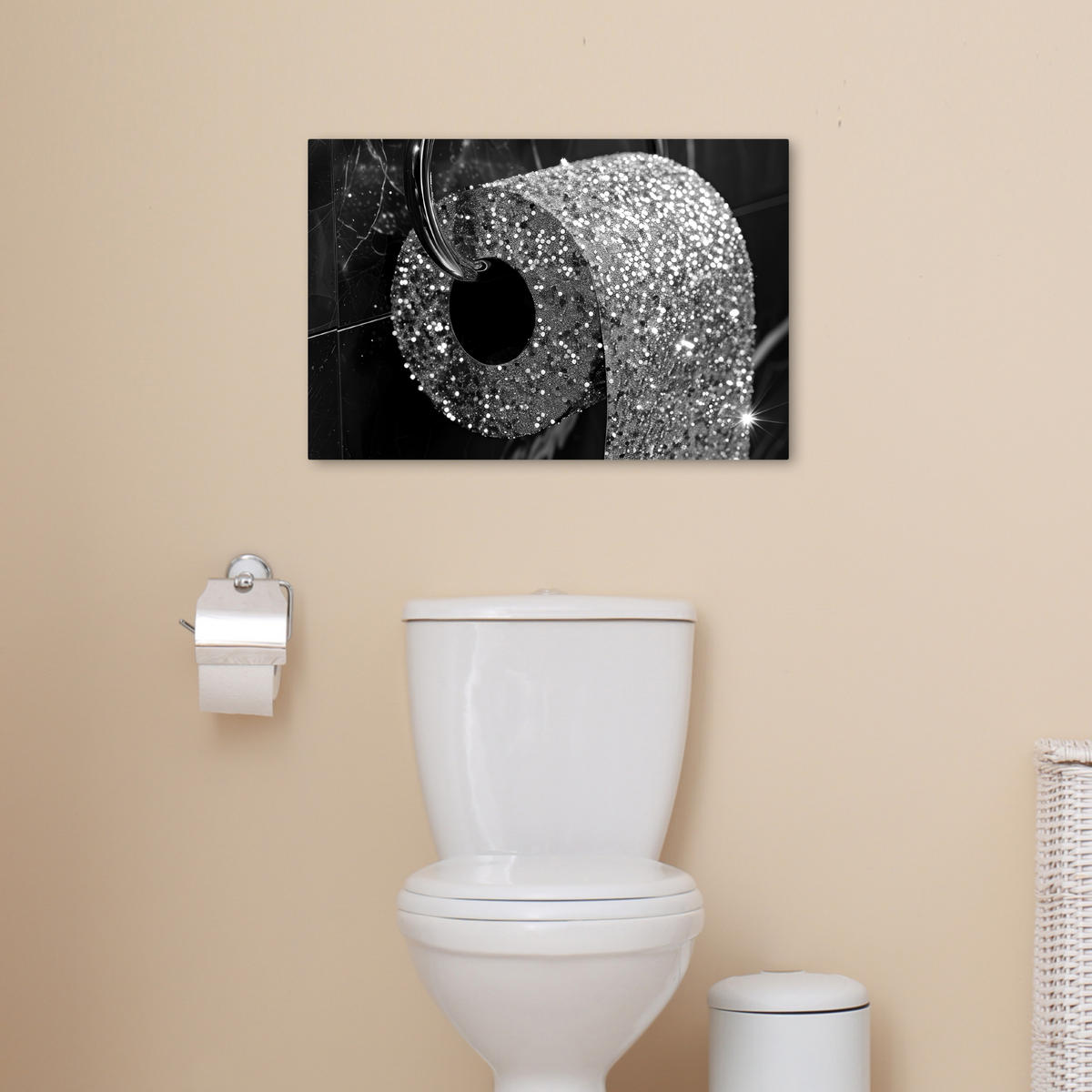 LEINWANDBILD WC - Toilettenpapier - Schwarz und weiß - Glitter Gemälde 60x40 cm - Silberfarben, Textil (60/40cm) - MuchoWow