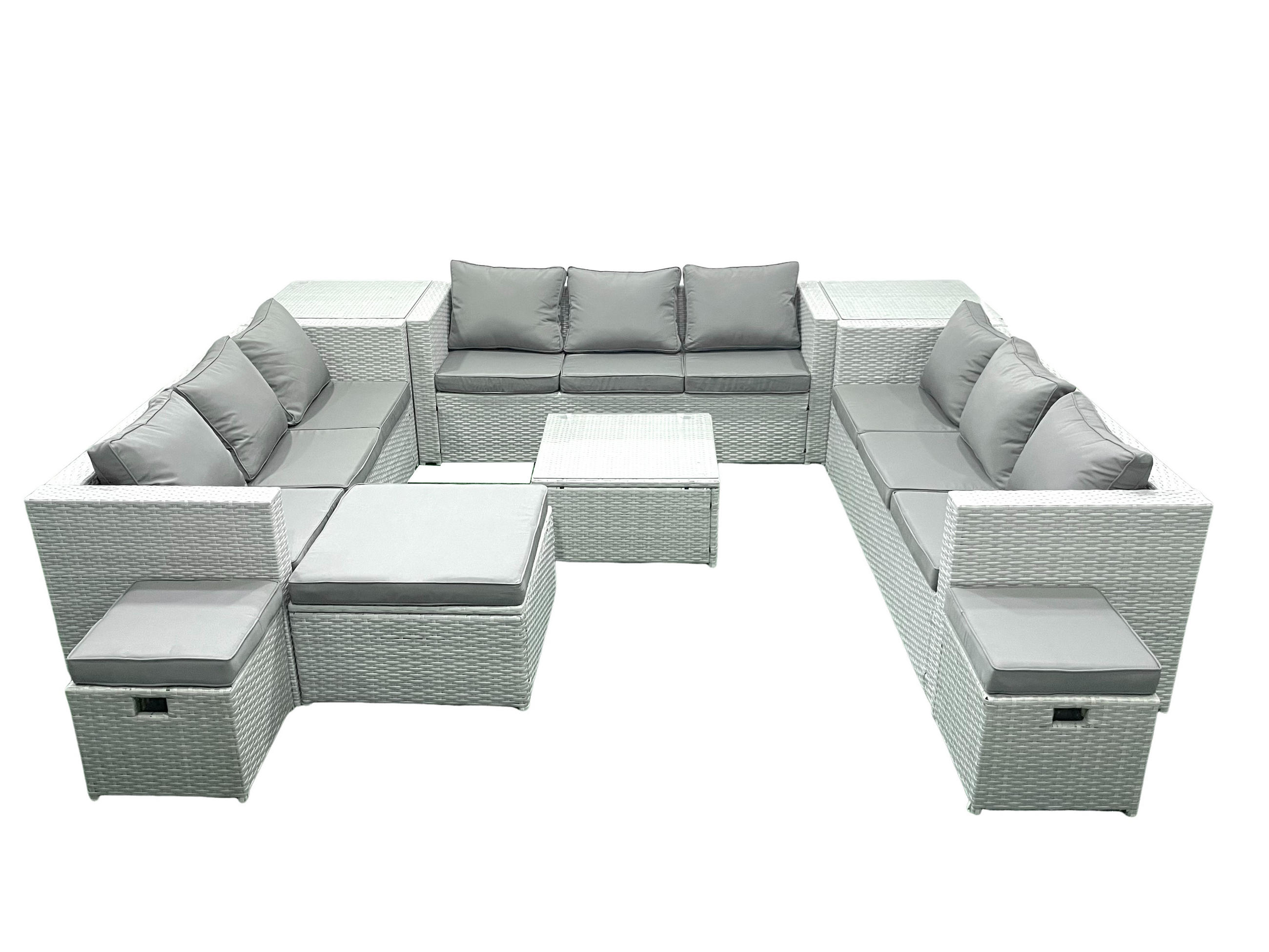 GARTENMÖBELSET mit 3-SITZER SOFA,COUCHTISCH Polyrattan Hellgrau-Mix 12-Sitzer - Hellgrau/Grau, Glas/Kunststoff - Fimous