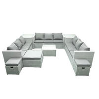 GARTENMÖBELSET mit 3-SITZER SOFA,COUCHTISCH Polyrattan Hellgrau-Mix 12-Sitzer - Hellgrau/Grau, Glas/Kunststoff - Fimous