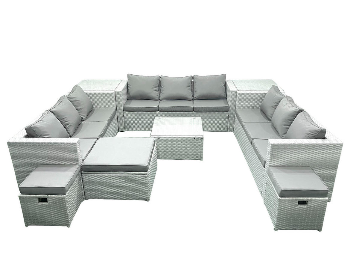 GARTENMÖBELSET mit 3-SITZER SOFA,COUCHTISCH Polyrattan Hellgrau-Mix 12-Sitzer - Hellgrau/Grau, Glas/Kunststoff - Fimous