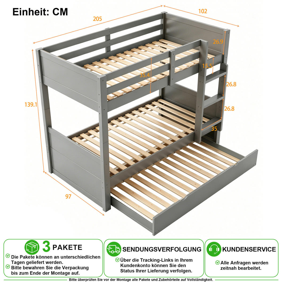 ETAGENBETT 90/200 cm & 90/190 cm in Grau mit Ausziehbett, Leiter und Sicherheitsgeländer - Grau, Holz/Holzwerkstoff (90/200cm) - CHICFURN