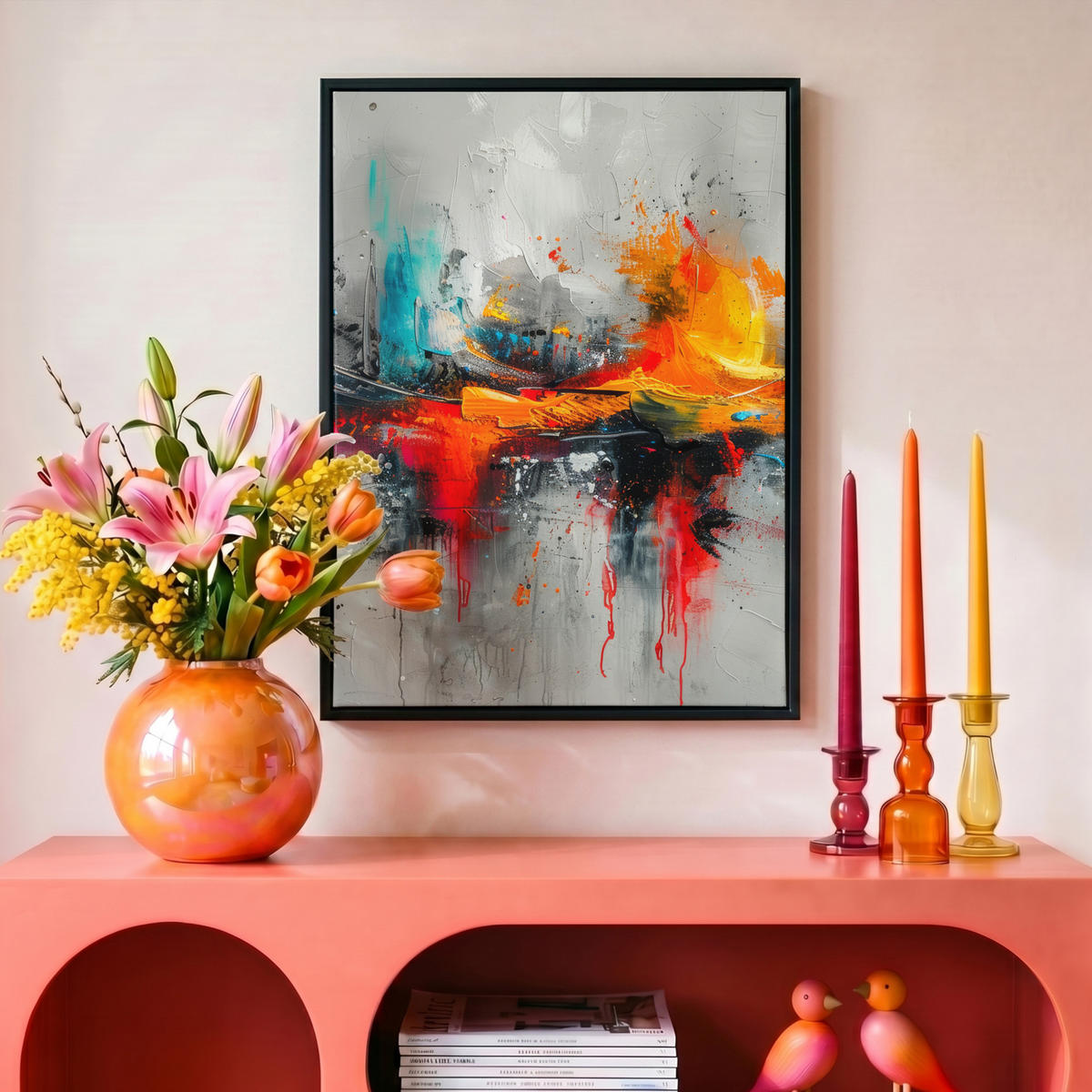 LEINWAND Bilder mit Rahmen - Moderne Kunst - Orange - Grau - Abstrakt - 30x40 - Hellgrau, Textil (30/40cm) - MuchoWow